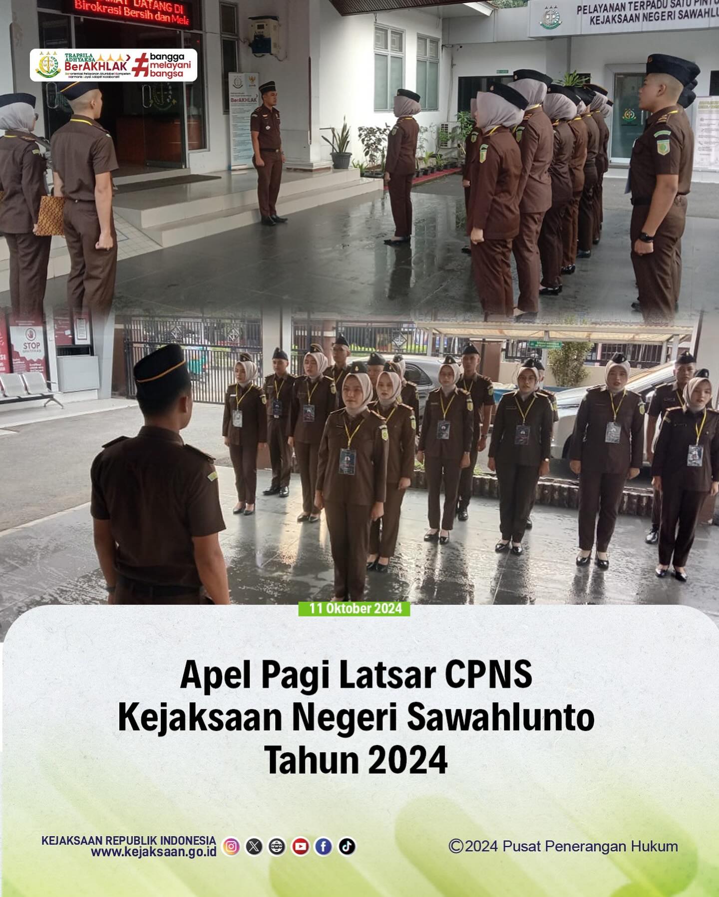 Bahwa pada hari Jumat,11 Oktober 2024, bertempat di Kantor Kejaksaan Negeri Sawahlunto, Seluruh CPNS Tahun 2024 Kejaksaan Negeri Sawahlunto Melaksanakan Apel Pagi yang dipimpin oleh Kasi Intelijen Kejaksaan Negeri Sawahlunto Rendra Taqwa Agusto,S.H. - from Instagram