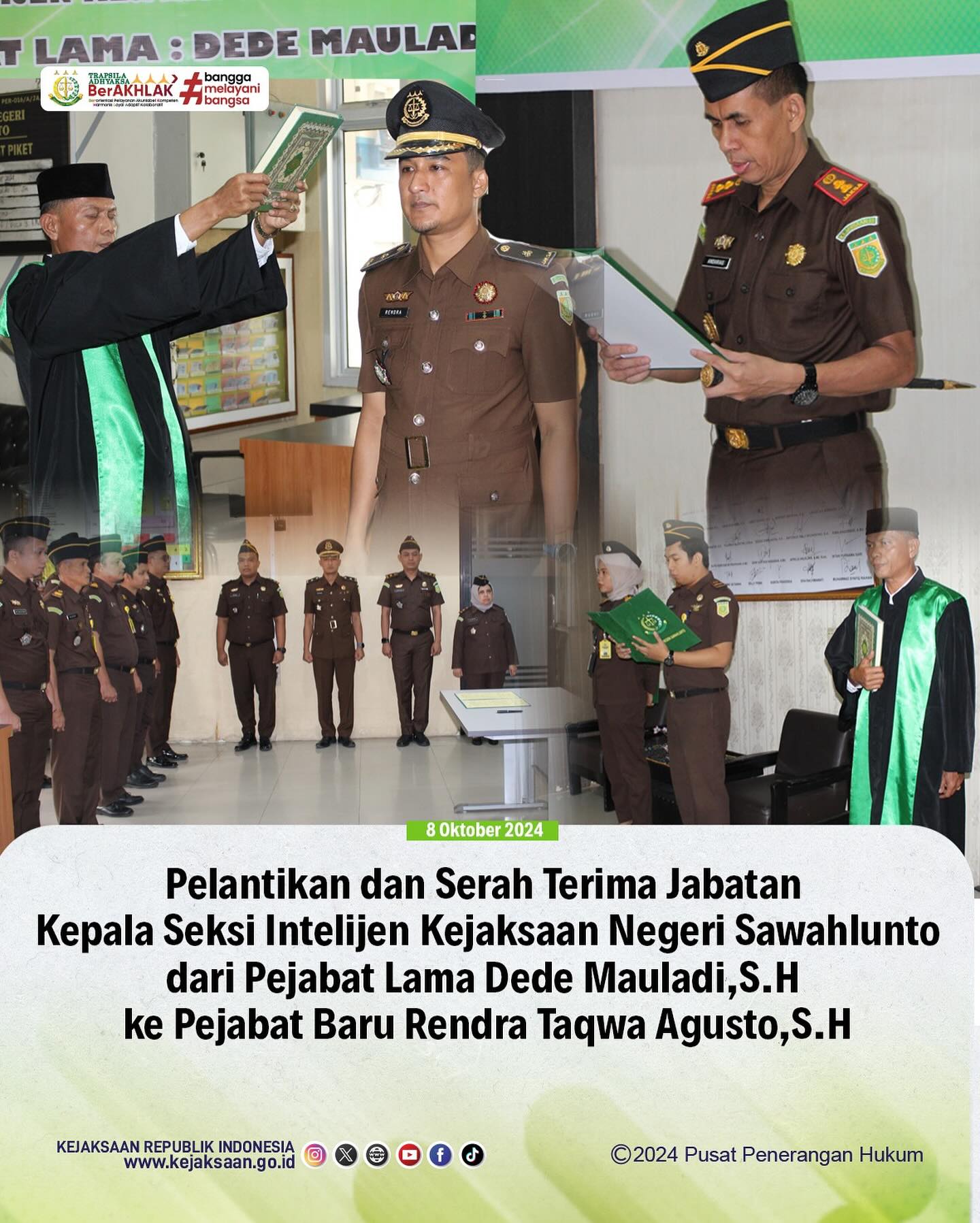Bahwa pada hari Selasa, 08 Oktober 2024, bertempat di Kantor Kejaksaan Negeri Sawahlunto, Telah dilaksanakan Pelantikan dan Serah Terima Jabatan Kepala Seksi Intelijen Kejaksaan Negeri Sawahlunto dari Pejabat Lama Dede Mauladi,S.H ke Pejabat Baru Rendra Taqwa Agusto,S.H . - from Instagram