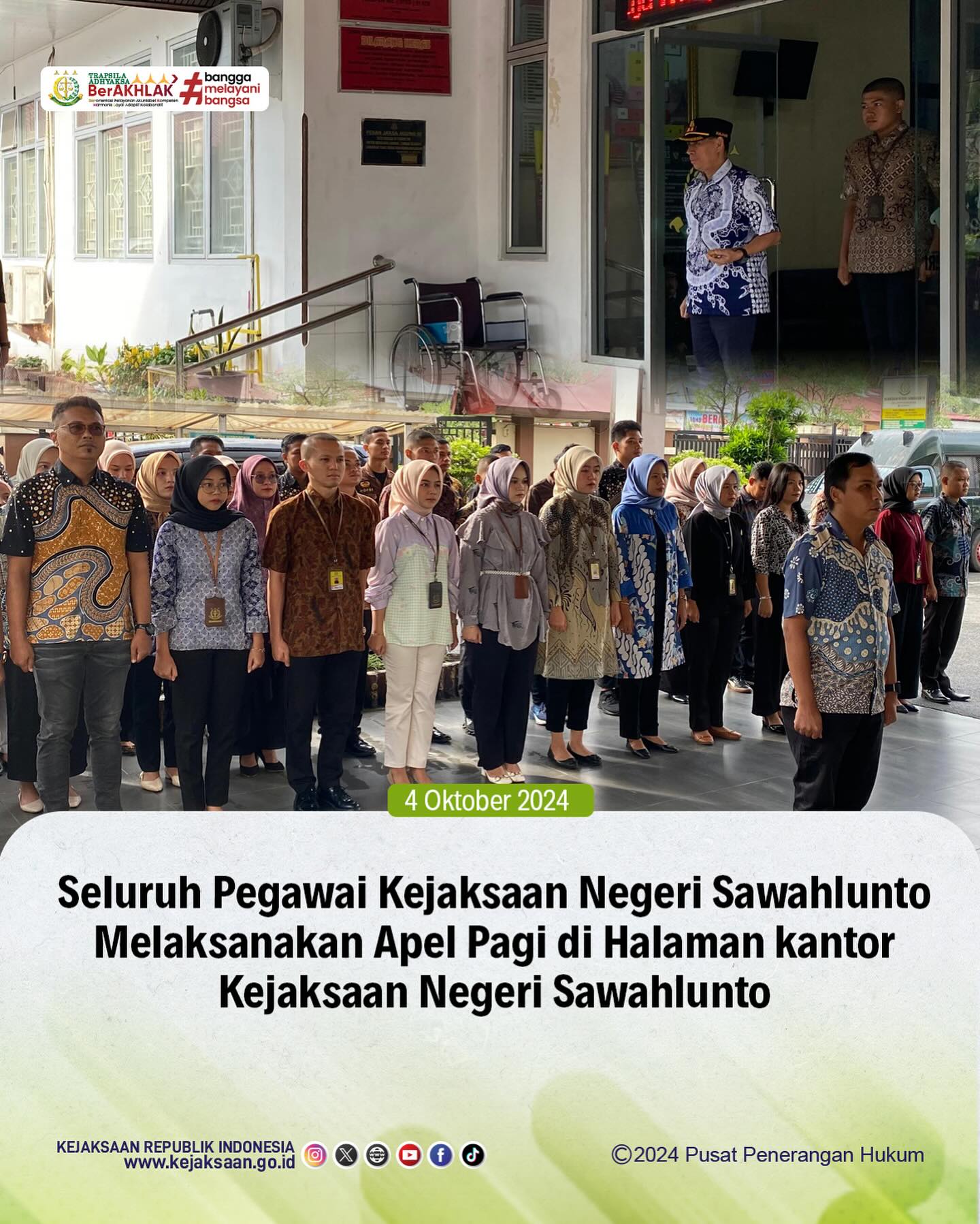 Bahwa pada hari Jumat, 4 September 2024, bertempat di Kantor Kejaksaan Negeri Sawahlunto, Seluruh Pegawai Kejaksaan Negeri Sawahlunto Melaksanakan Apel Pagi. - from Instagram