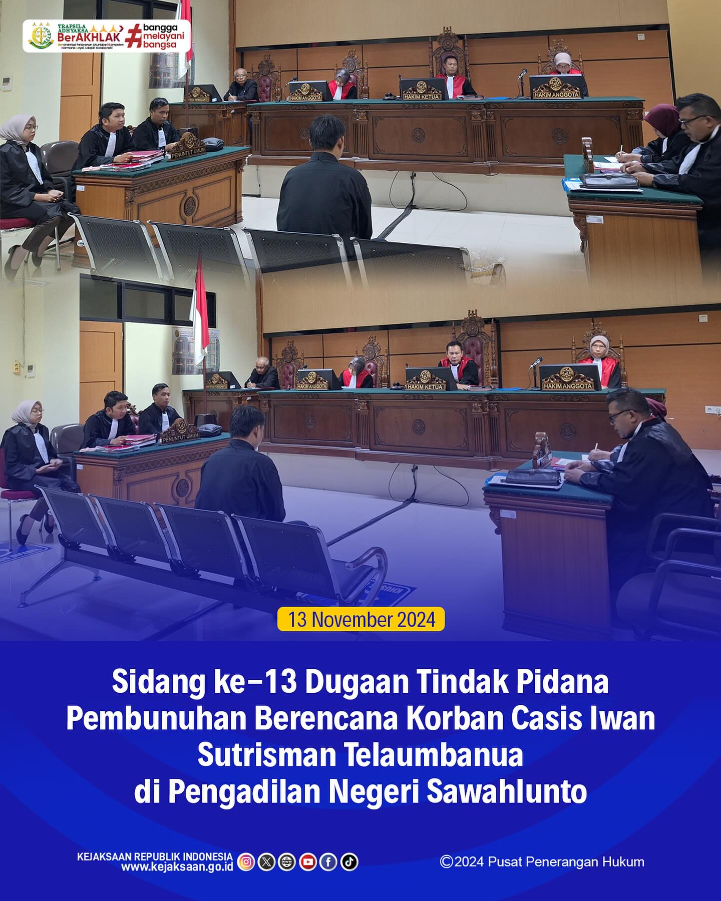 Bahwa pada hari Rabu, 13 November 2024, bertempat di Pengadilan Negeri Sawahlunto, telah dilaksanakan sidang ketiga belas dengan agenda pembacaan nota pembelaan (Pledoi) dari Kuasa Hukum terdakwa terhadap Perkara Dugaan Tindak Pidana Pembunuhan Berencana Korban Casis Iwan Sutrisman Telaumbanua. - from Instagram