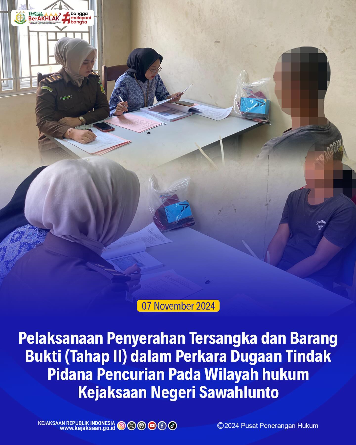 Bahwa pada hari Kamis, 07 November 2024, bertempat di Ruang Pemeriksaan Seksi Tindak Pidana Umum Kejaksaan Negeri Sawahlunto telah dilaksanakan Pelaksanaan Penyerahan Tersangka dan Barang Bukti (Tahap II) Dalam Perkara Dugaan Tindak Pidana Pencurian dari Penyidik Polres Sawahlunto - from Instagram
