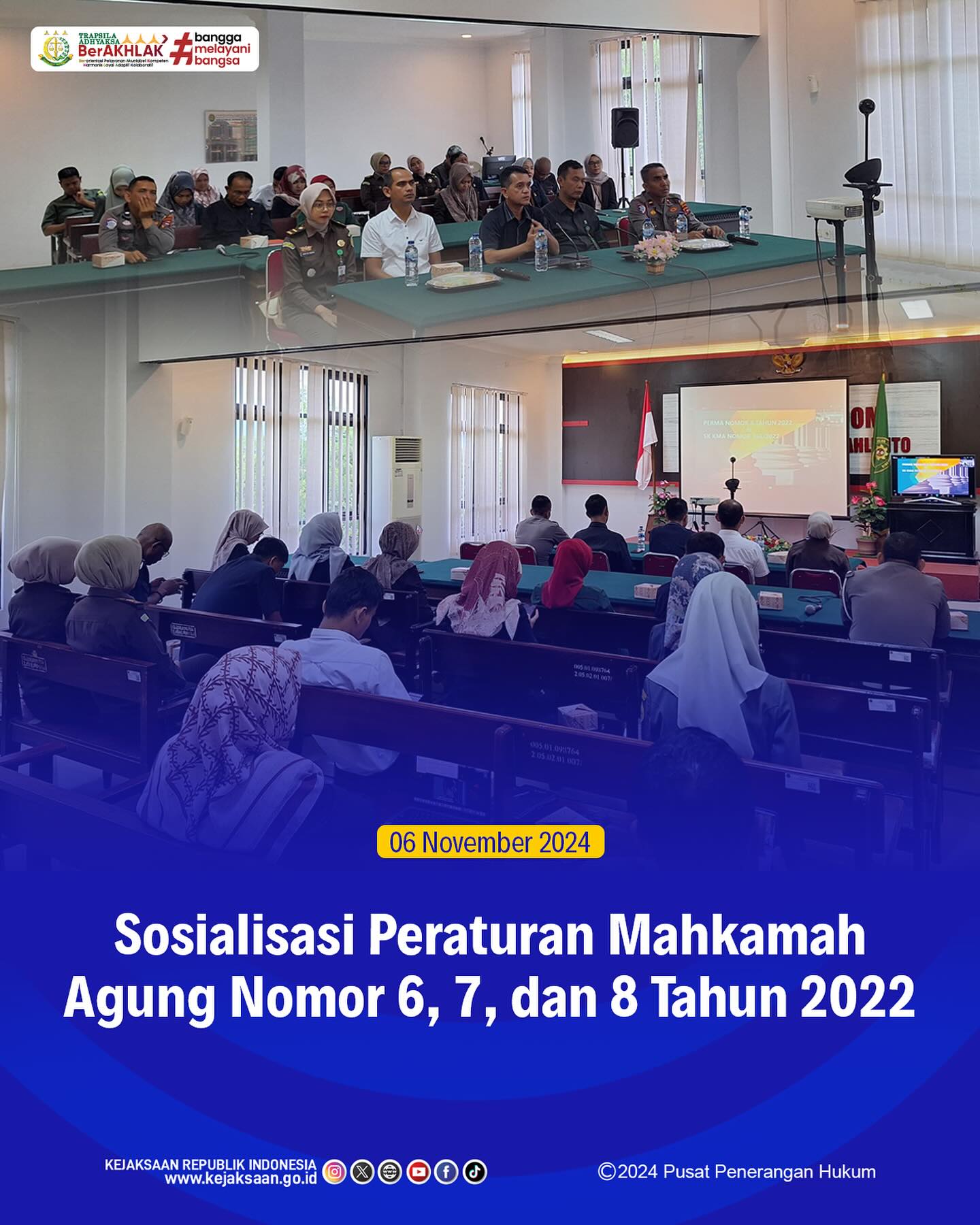 Bahwa Pada Hari Rabu, 06 November 2024, bertempat di Ruang Serba Guna Pengadilan Negeri Sawahlunto, Kasubsi II Bidang Intelijen Kejaksaan Negeri Sawahlunto Laras Iga Mawarni,S.H. dan Jaksa Fungsional Alfi Soka Hananti, S.H mengikuti kegiatan Sosialisasi PERMA Nomor 6, PERMA nomor 7 tahun 2022 dan SK KMA 363/2022, PERMA 8 Tahun 2022 dan SK KMA nomor 365/2022 - from Instagram