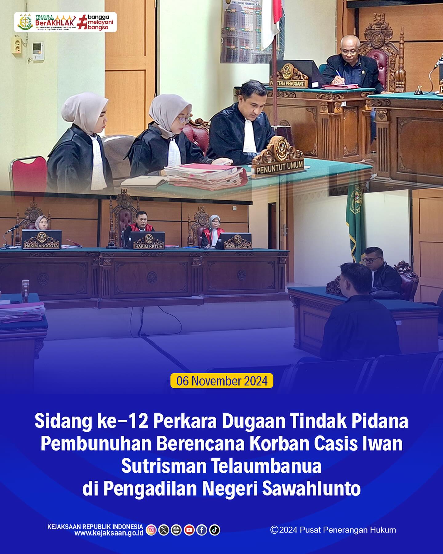 Bahwa pada hari Rabu, 06 November 2024, bertempat di Pengadilan Negeri Sawahlunto, telah dilaksanakan sidang kedua belas dengan agenda pembacaan surat tuntutan oleh Jaksa Penuntut Umum terhadap Perkara Dugaan Tindak Pidana Pembunuhan Berencana Korban Casis Iwan Sutrisman Telaumbanua. - from Instagram