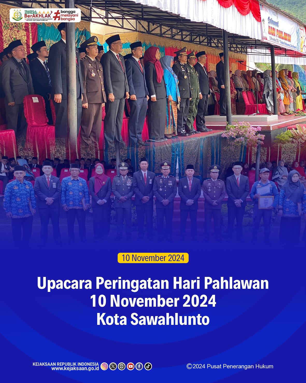 Bahwa pada hari Minggu, 10 November 2024, bertempat di Lapangan Ombilin dan Taman Makam Pahlawan Kota Sawahlunto, Kepala Seksi Tindak Pidana Umum Kejaksaan Negeri Sawahlunto, Adhi Putra Graha,S.H., mengikuti Upacara Peringatan Hari Pahlawan 10 November 2024 dengan tema "Teladani Pahlawanmu, Cintai Negerimu" dan dilanjutkan dengan Ziarah ke Makam Pahlawan - from Instagram