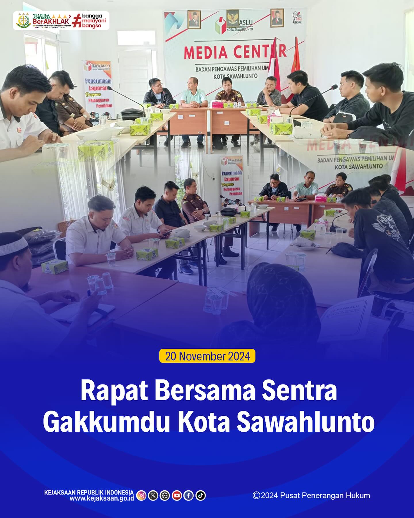 Bahwa pada hari Rabu, 20 November 2024, bertempat Kantor Sekretariat Bawaslu Kota Sawahlunto, Kepala Seksi Intelijen Kejaksaan Negeri Sawahlunto, Rendra Taqwa Agusto,S.H., dan Kepala Seksi Tindak Pidana Umum, Adhi Putra Graha,S.H., beserta staf intelijen mengikuti Rapat Bersama Sentra Gakkumdu Kota Sawahlunto - from Instagram