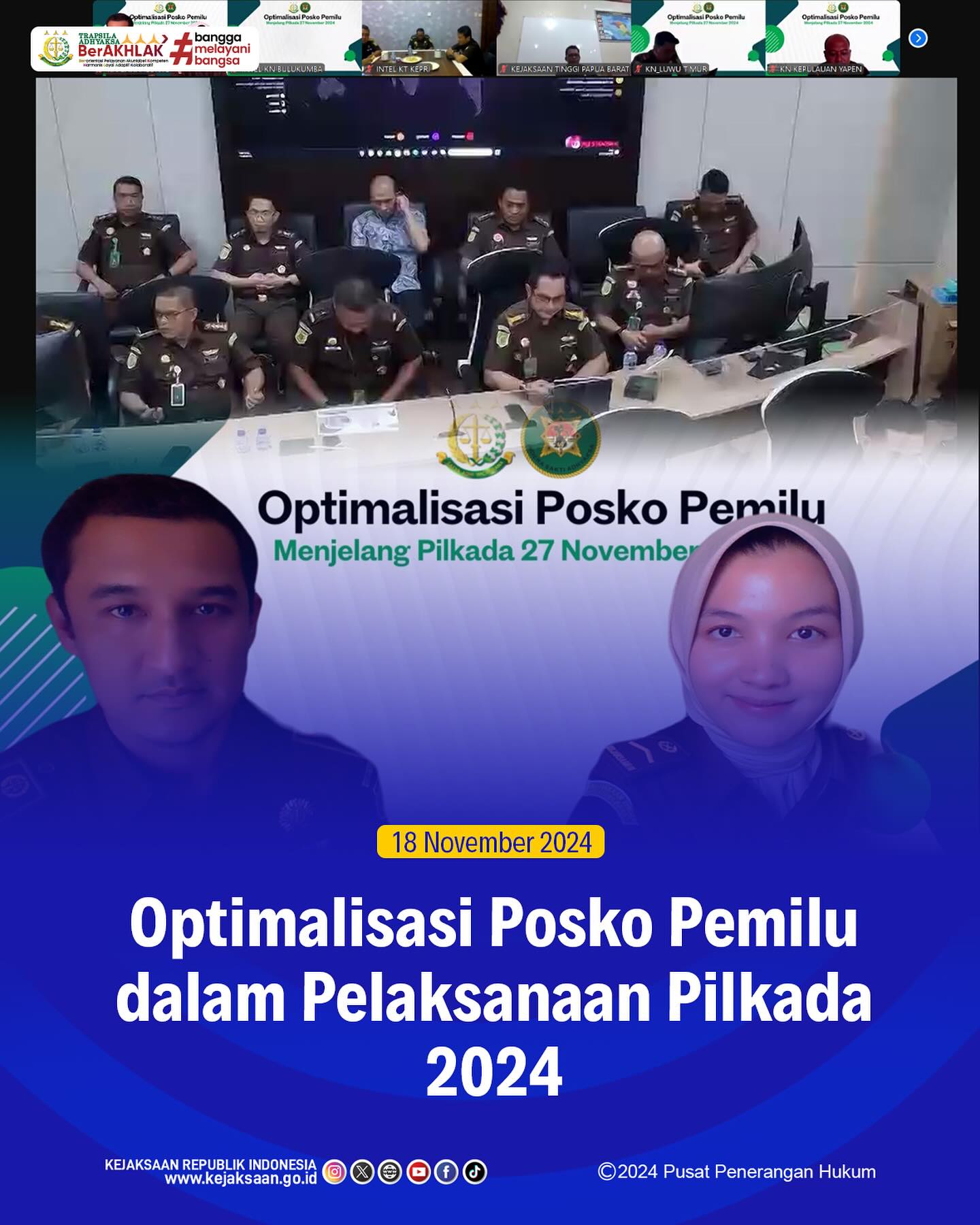 Bahwa pada hari Senin, 18 November 2024, bertempat di Ruangan Seksi Intelijen Kejaksaan Negeri Sawahlunto, Kepala Seksi Intelijen Kejaksaan Negeri Sawahlunto, Rendra Taqwa Agusto,S.H., beserta staf intelijen mengikuti kegiatan Optimalisasi posko Pemilu menjelang pelaksanaan Pilkada tanggal 27 November 2024 secara daring - from Instagram
