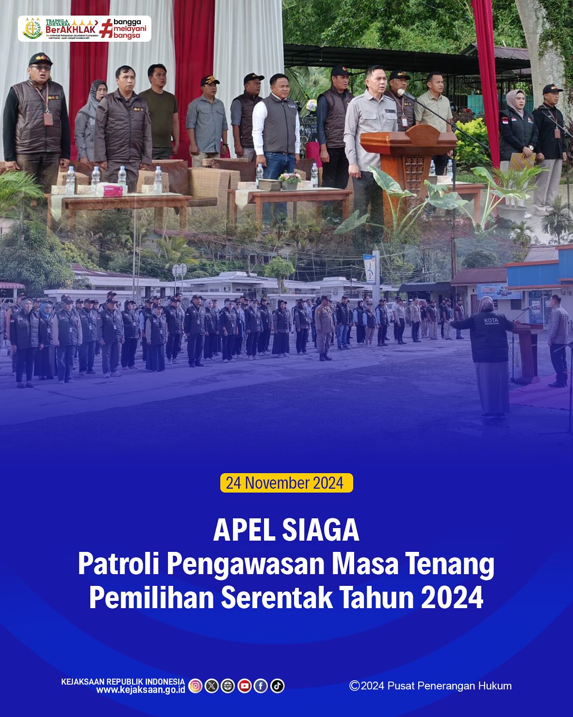 Bahwa pada hari Minggu, 24 November 2024, bertempat di Lapangan Parkir Balaikota Sawahlunto, Kepala Seksi Tindak Pidana Umum Kejaksaan Negeri Sawahlunto, Adhi Putra Graha,S.H., mengikuti Kegiatan APEL SIAGA Patroli Pengawasan Masa Tenang Pemilihan Serentak Tahun 2024 - from Instagram