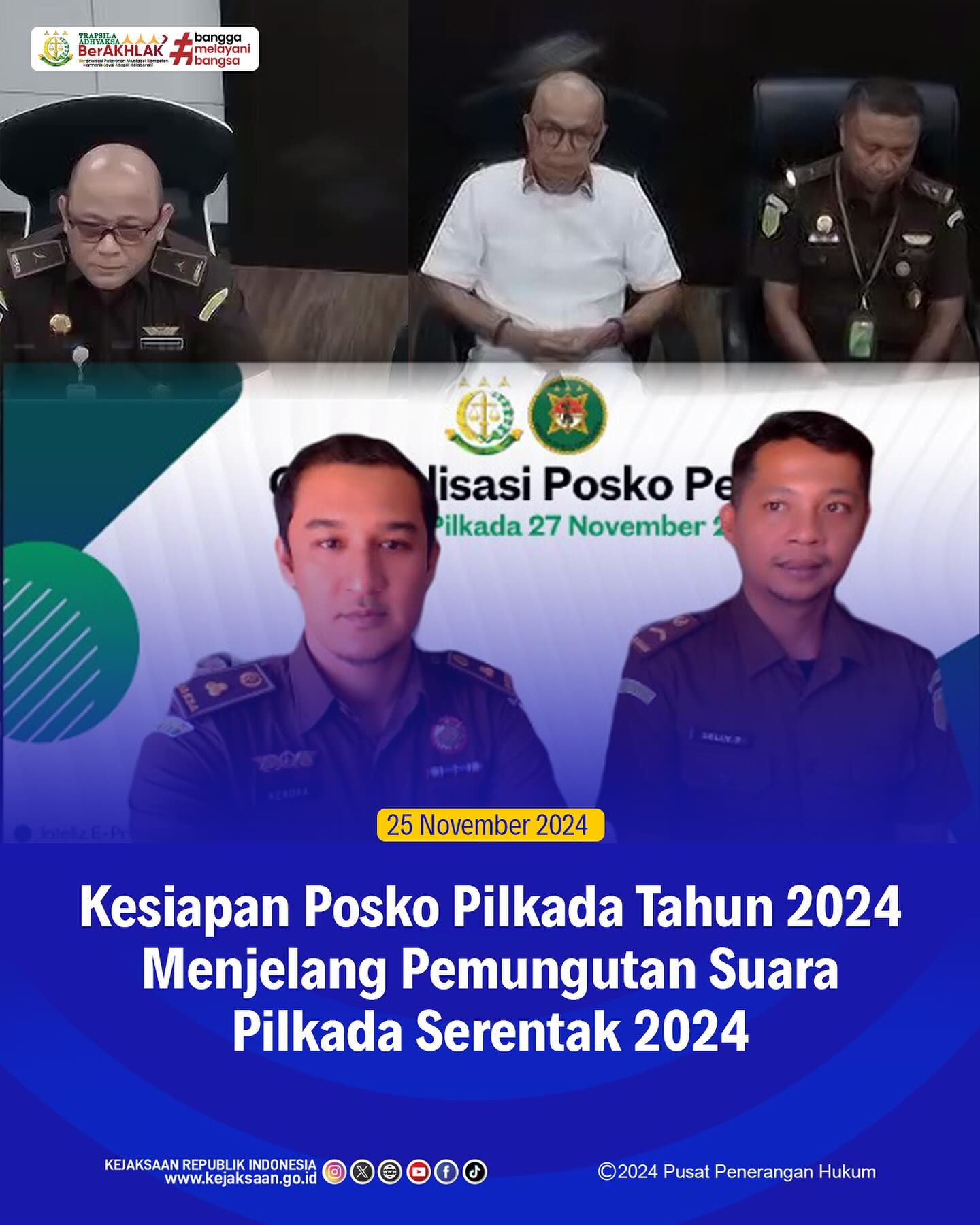 Bahwa pada hari Senin, 25 November 2024, bertempat di Ruangan Intelijen Kejaksaan Negeri Sawahlunto, Kepala Seksi Intelijen, Rendra Taqwa Agusto,S.H., beserta Staf mengikuti Kesiapan Posko Pilkada Tahun 2024 Menjelang Pemungutan Suara Pilkada Serentak 2024 secara daring - from Instagram