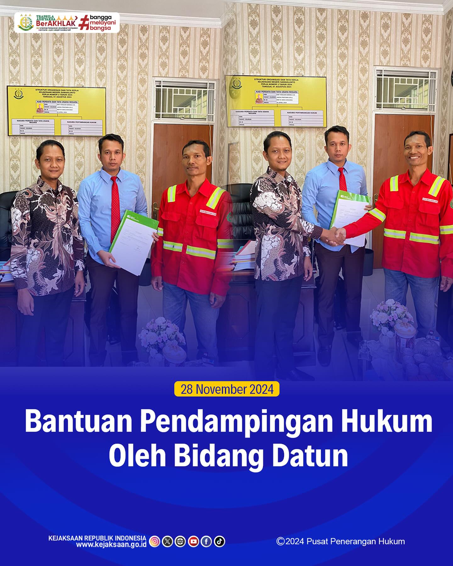 Bahwa pada hari Kamis, 28 November 2024, betempat di Kantor Kejaksaan Negeri Sawahlunto, Kepala Seksi Perdata dan Tata Usaha, Didi Vinaldo Edwar,S.H., telah melaksanakan kegiatan Bantuan Hukum Non Litigasi terkait Penyelesaian Tunggakan  PT Nusa Alam Lestari terhadap Iuran BPJS Ketenagakerjaan Cabang Solok sebesar Rp. 148.015.622,- (seratus empat puluh delapan juta lima belas ribu enam ratus dua puluh dua rupiah) - from Instagram