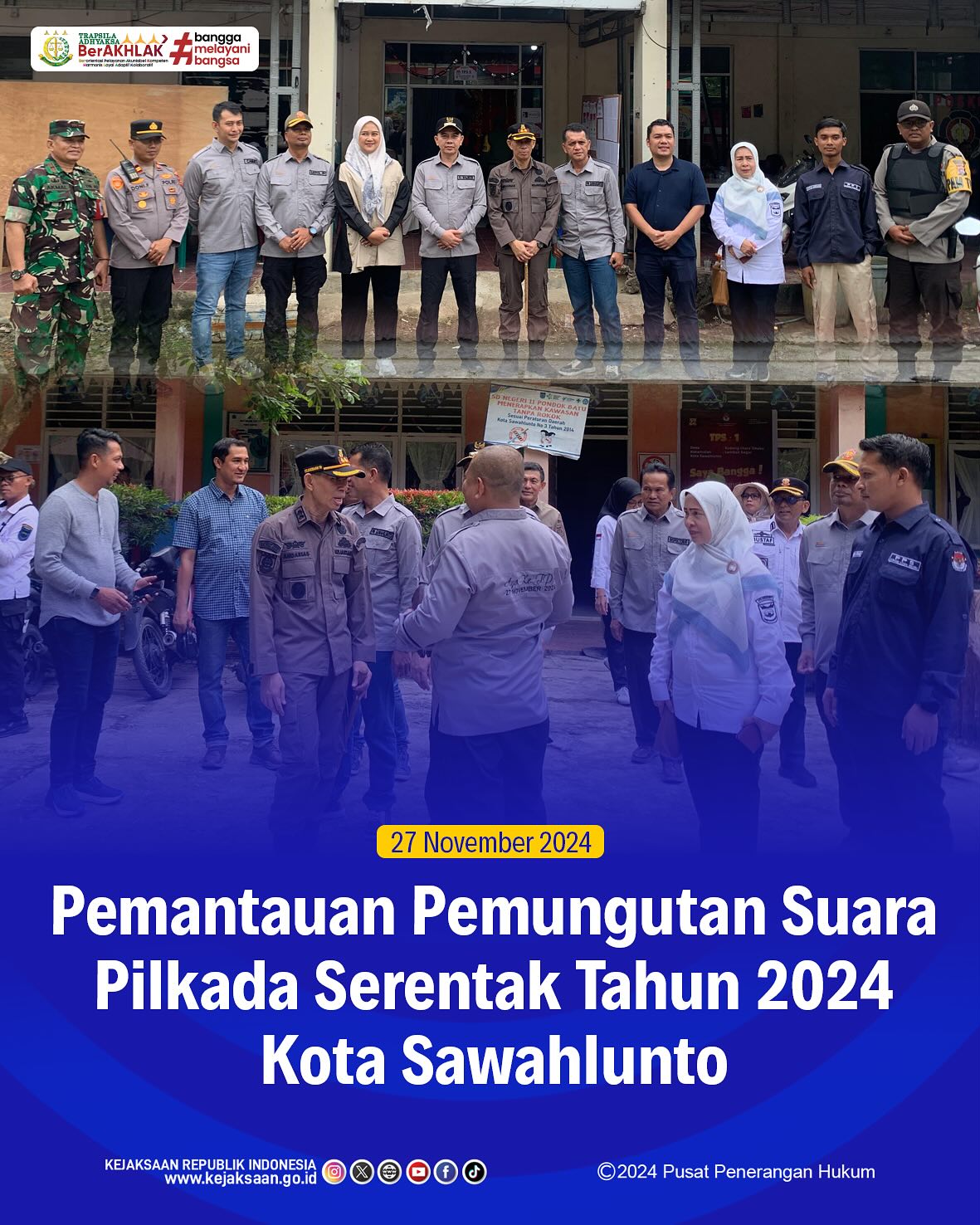 Bahwa pada hari Rabu, 27 November 2024, bertempat di TPS Kota Sawahlunto, Kepala Kejaksaan Negeri Sawahlunto, Andarias D'Orney,S.H.,M.H., mengikuti kegiatan Pemantauan Pemungutan Suara Pilkada Serentak Tahun 2024 - from Instagram