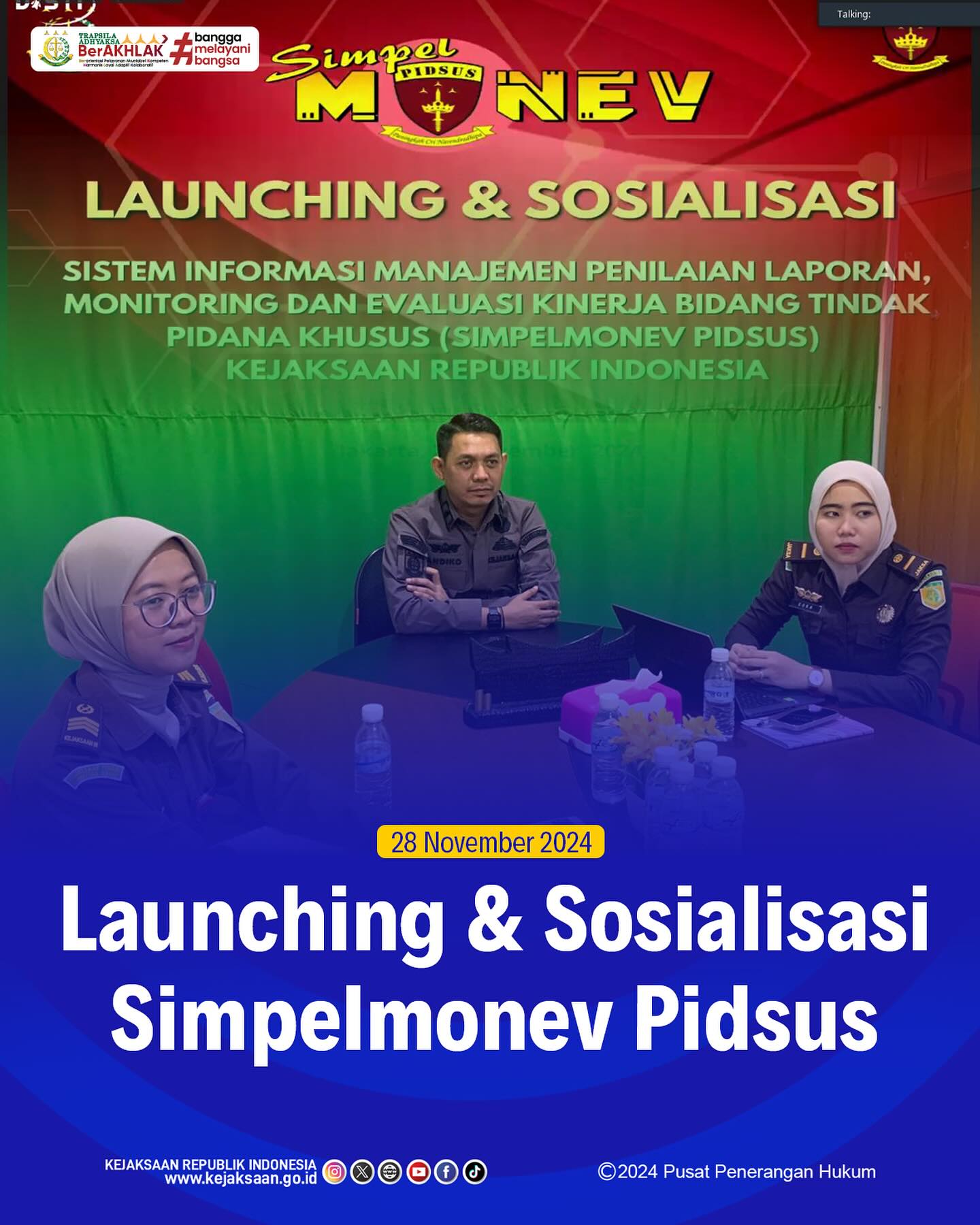 Bahwa pada hari Kamis, 28 November 2024, bertempat di Ruang Video Conference Kejaksaan Negeri Sawahlunto, Kepala Seksi Tindak Pidana Khusus, Andiko,S.H.,M.H., Jaksa Fungsional, Alfi Soka Hananti,S.H., beserta staf Seksi Tindak Pidana Khusus, mengikuti Kegiatan Launching & Sosialisasi Sistem Informasi Manajemen Penilaian Laporan, Monitoring dan Evaluasi Kinerja Bidang Tindak Pidana Khusus (Simpelmonev Pidsus) Kejaksaan Republik Indonesia - from Instagram