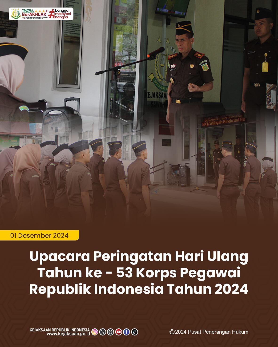 Bahwa pada hari Senin, 02 Desember 2024, bertempat di Halaman Kantor Kejaksaan Negeri Sawahlunto, Kepala Kejaksaan Negeri Sawahlunto, Andarias D'Orney,S.H.,M.H, menjadi Inspektur Upacara Peringatan Hari Ulang Tahun ke - 53 Korps Pegawai Republik Indonesia Tahun 2024 - from Instagram
