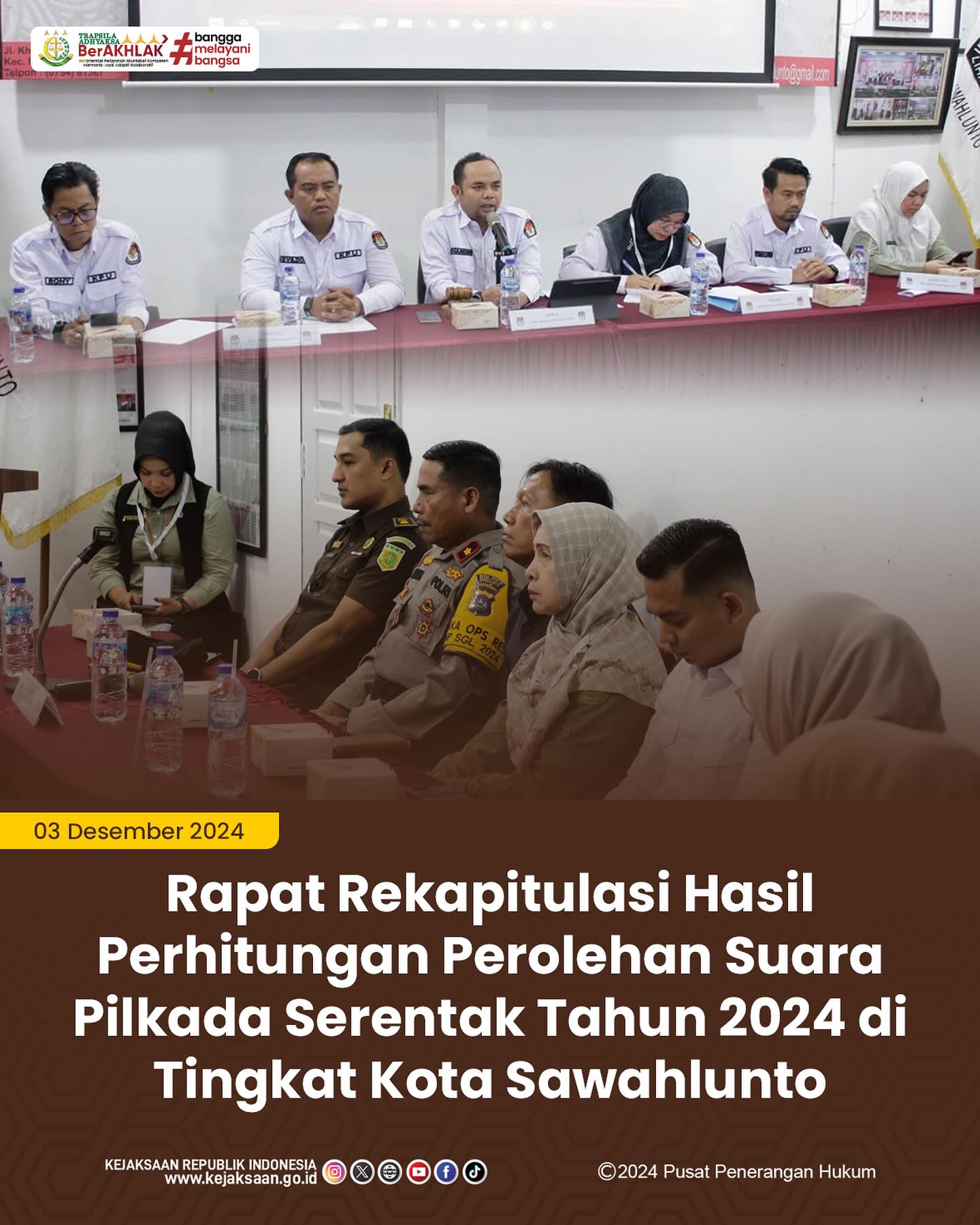 Bahwa pada hari Selasa, 03 Desember 2024, bertempat di Ruang Rapat Kantor KPU Kota Sawahlunto, Kepala Seksi Intelijen Kejaksaan Negeri Sawahlunto, Rendra Taqwa Agusto,S.H., mengikuti rapat Rekapitulasi Penghitungan Perolehan Suara Pemilihan Gubernur dan Wakil Gubernur Sumatera Barat serta Walikota dan Wakil Walikota Sawahlunto Tingkat Kota Sawahlunto tahun 2024 - from Instagram