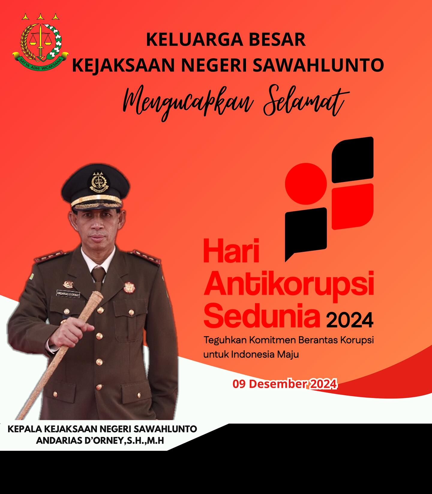 Kepala Kejaksaan Negeri Sawahlunto beserta Jajaran mengucapkan Selamat Hari Antikorupsi Sedunia 2024 - from Instagram