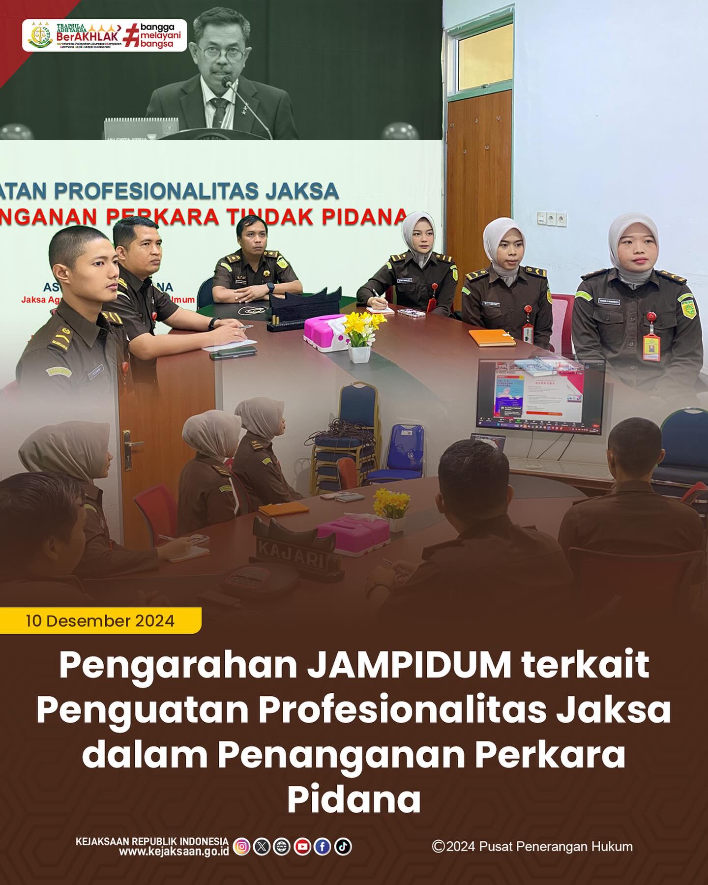 Bahwa pada hari Selasa, 10 Desember 2024, bertempat di Ruang Video Conference Kantor Kejaksaan Negeri Sawahlunto, Kepala Seksi Tindak Pidana Umum, Adhi Putra Graha,S.H., beserta Staf Tindak Pidana Umum Kejaksaan Negeri Sawahlunto mengikuti kegiatan Pengarahan Jaksa Agung Muda Tindak Pidana Umum (JAMPIDUM) terkait Penguatan Perkara Tindak Pidana Narkotika secara daring - from Instagram