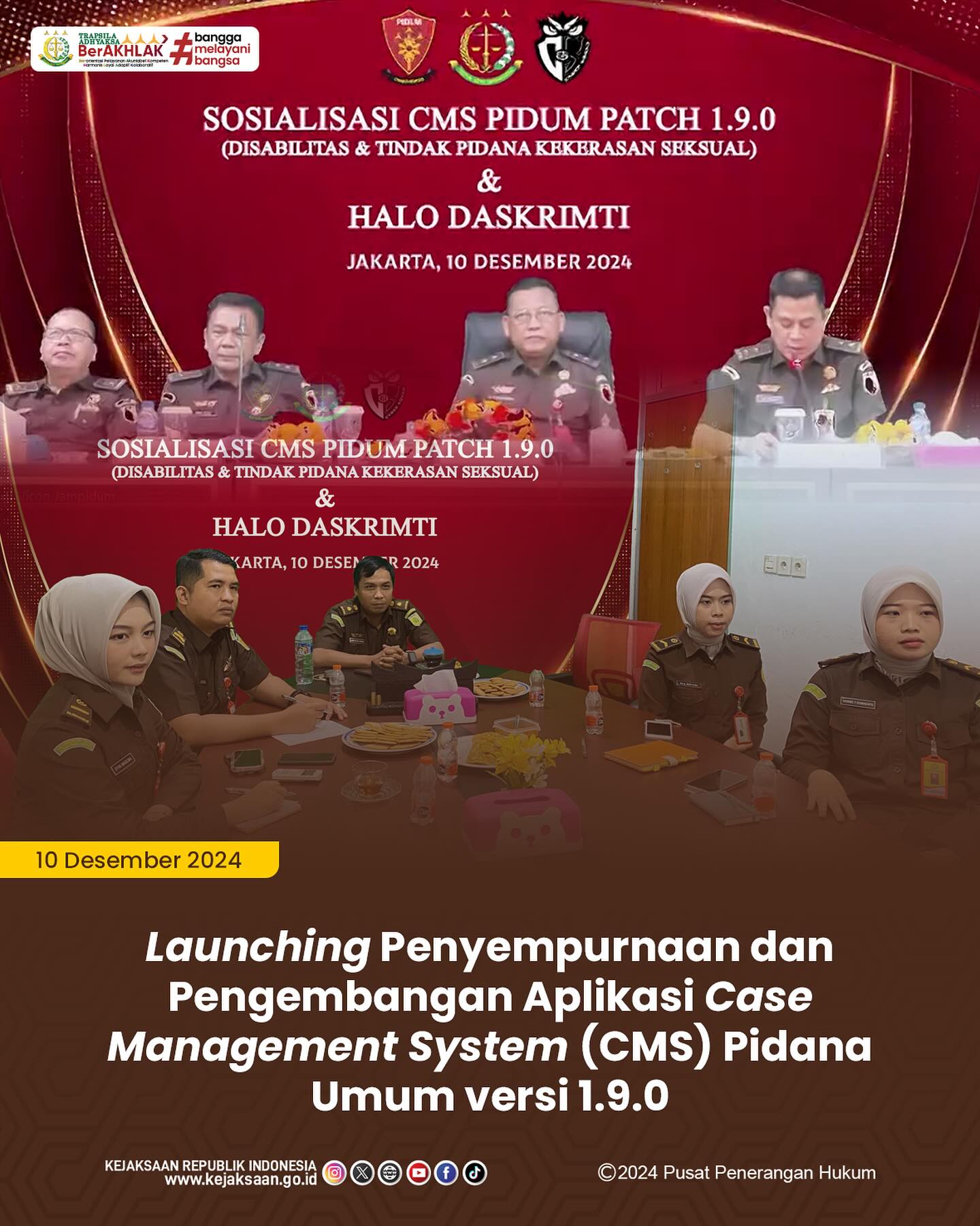 Bahwa pada hari Selasa, 10 Desember 2024, bertempat di Ruang Video Conference Kantor Kejaksaan Negeri Sawahlunto, Kepala Seksi Tindak Pidana Umum, Adhi Putra Graha,S.H., beserta Staf Tindak Pidana Umum Kejaksaan Negeri Sawahlunto mengikuti kegiatan Launching Penyempurnaan dan Pengembangan Aplikasi Case Management System (CMS) Pidana Umum versi 1.9.0 secara daring - from Instagram