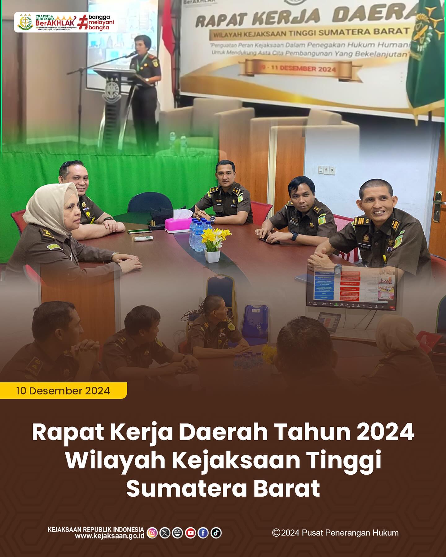 Bahwa pada hari Selasa, 10 Desember 2024, bertempat di Ruang Video Conference Kantor Kejaksaan Negeri Sawahlunto, Kepala Subbagian dan para Kepala Seksi di Kejaksaan Negeri Sawahlunto mengikuti kegiatan Rapat Kerja Daerah Tahun 2024 Wilayah Kejaksaan Tinggi Sumatera Barat secara daring - from Instagram