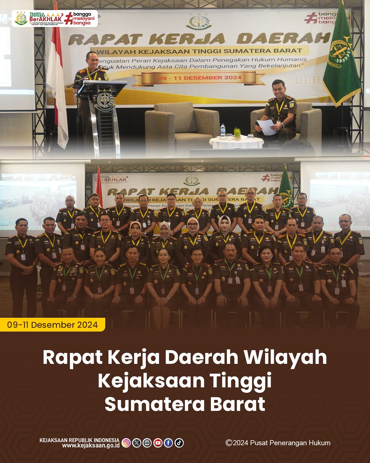 Bahwa pada hari Senin - Rabu, 09 - 11 Desember 2024, bertempat di Padang, Sumatera Barat, Kepala Kejaksaan Negeri Sawahlunto, Andarias D'Orney,S.H.,M.H., Kepala Seksi Tindak Pidana Khusus, Andiko,S.H.,M.H., dan Kepala Seksi Perdata dan Tata Usaha Negara, Didi Vinaldo Edwar,S.H., mengikuti Kegiatan Rapat Kerja Daerah Wilayah Kejaksaan Tinggi Sumatera Barat, dalam acara tersebut Kejaksaan Negeri Sawahlunto memperoleh 2 Penghargaan yaitu Penghargaan II (Dua) Atas Penanganan Perkara Koneksitas di Wilayah Hukum Kejaksaan Tinggi Sumatera Barat Tahun Anggaran 2024, dan Penghargaan Terbaik I (Pertama) Dalam Hal Kepatuhan Pelaksanaan Standar Operasional Prosedur (SOP) dan Pemenuhan Petunjuk Penertiban pada Kegiatan Inspeksi Umum dan Pemantauan Program Kerja Pengawasan 2024 serta Kepatuhan dalam Pelaporan LHKPN dan LHKASN 2024 - from Instagram
