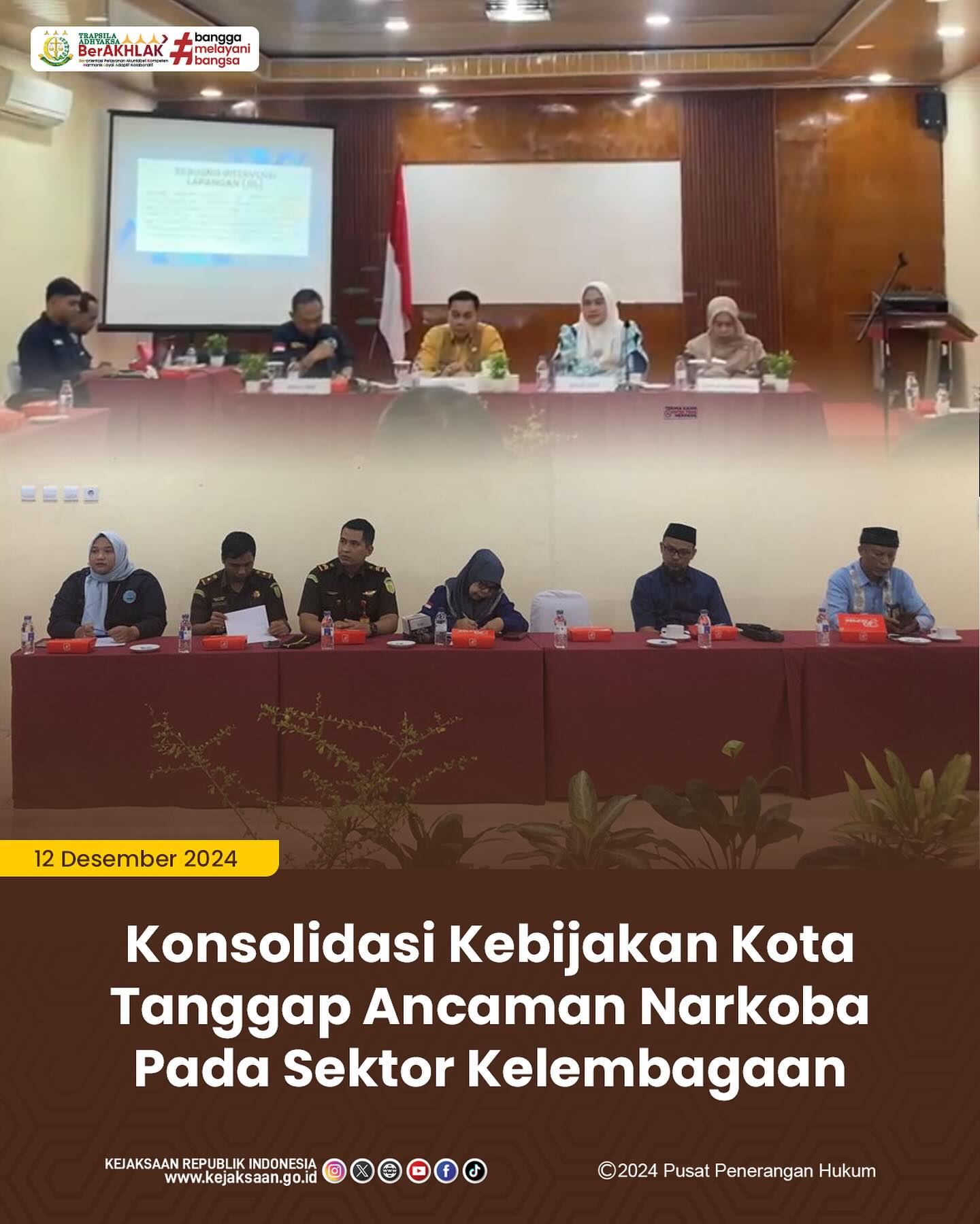 Bahwa pada hari Kamis, 12 Desember 2024, bertempat di Silo Meeting Room, Hotel Parai, Kota Sawahlunto, Kepala Seksi Tindak Pidana Umum, Adhi Putra Graha,S.H., beserta Staf Tindak Pidana Umum Kejaksaan Negeri Sawahlunto, mengikuti Kegiatan Konsolidasi Kebijakan Kota Tanggap Ancaman Narkoba Pada Sektor Kelembagaan - from Instagram
