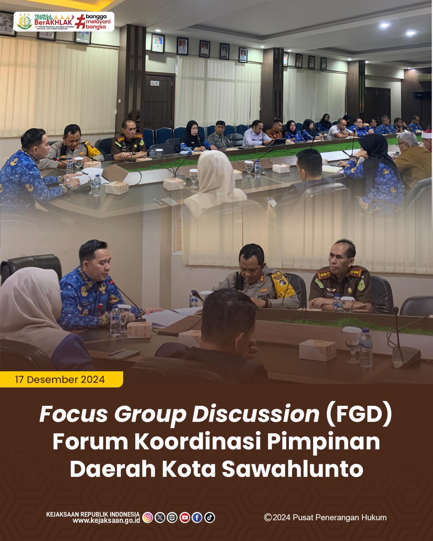 Bahwa pada hari Selasa, 17 Desember 2024, bertempat di Ruang Rapat M.Yamin Balaikota Sawahlunto, Kepala Kejaksaan Negeri Sawahlunto, Andarias D'Orney,S.H.,M.H., menjadi narasumber kegiatan Focus Group Discussion (FGD) Forum Koordinasi Pimpinan Daerah Kota Sawahlunto terkait Hasil Perhitungan Suara Pilkada Kota Sawahlunto Tahun 2024 dan Persiapan menghadapi Natal 2024 dan Tahun Baru 2025 - from Instagram