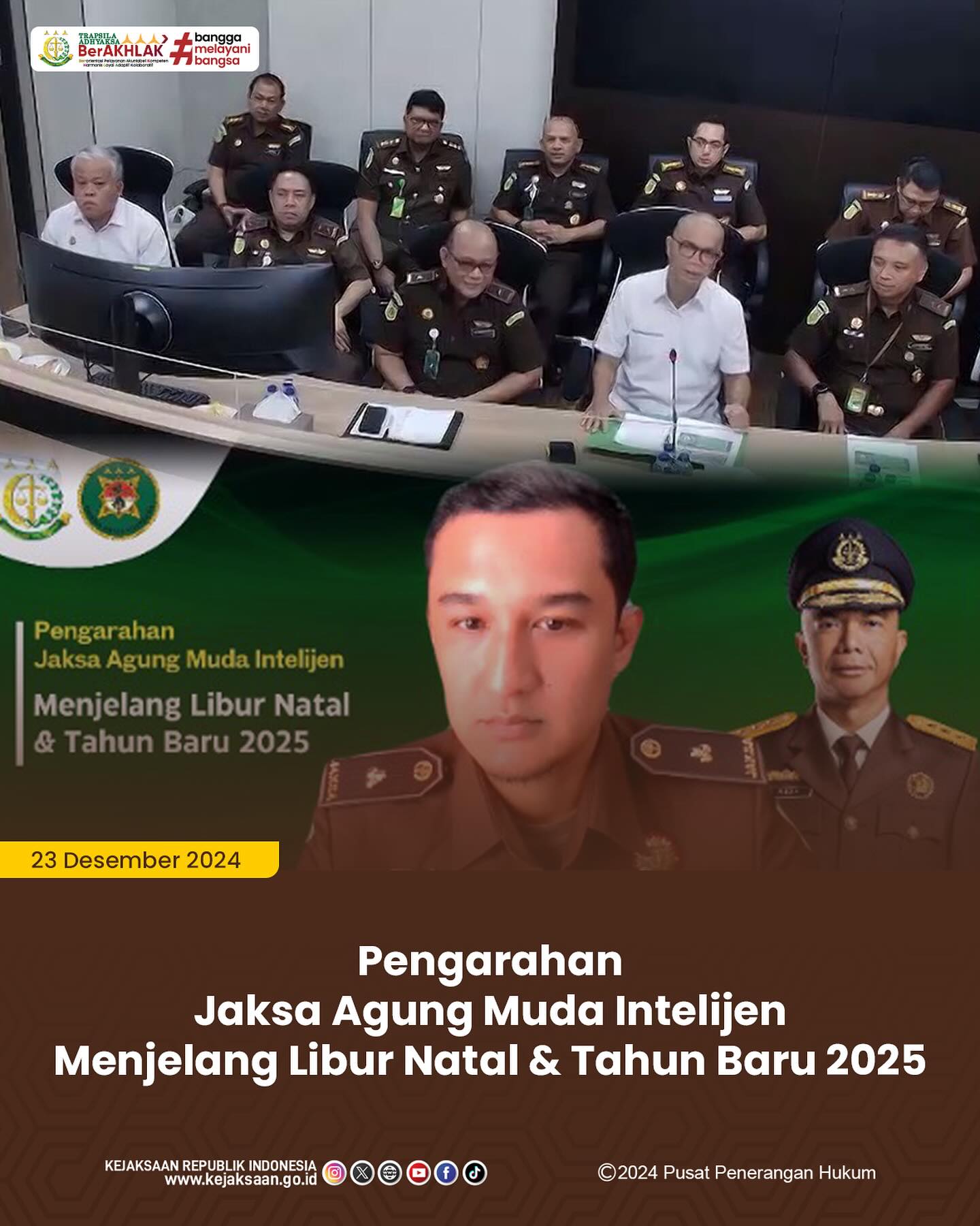 Bahwa pada hari Senin, 23 Desember 2024, Kepala Seksi Intelijen Kejaksaan Negeri Sawahlunto, Rendra Taqwa Agusto,S.H., mengikuti Pengarahan Jaksa Agung Muda Intelijen Menjelang Libur Natal & Tahun Baru 2025 secara daring - from Instagram