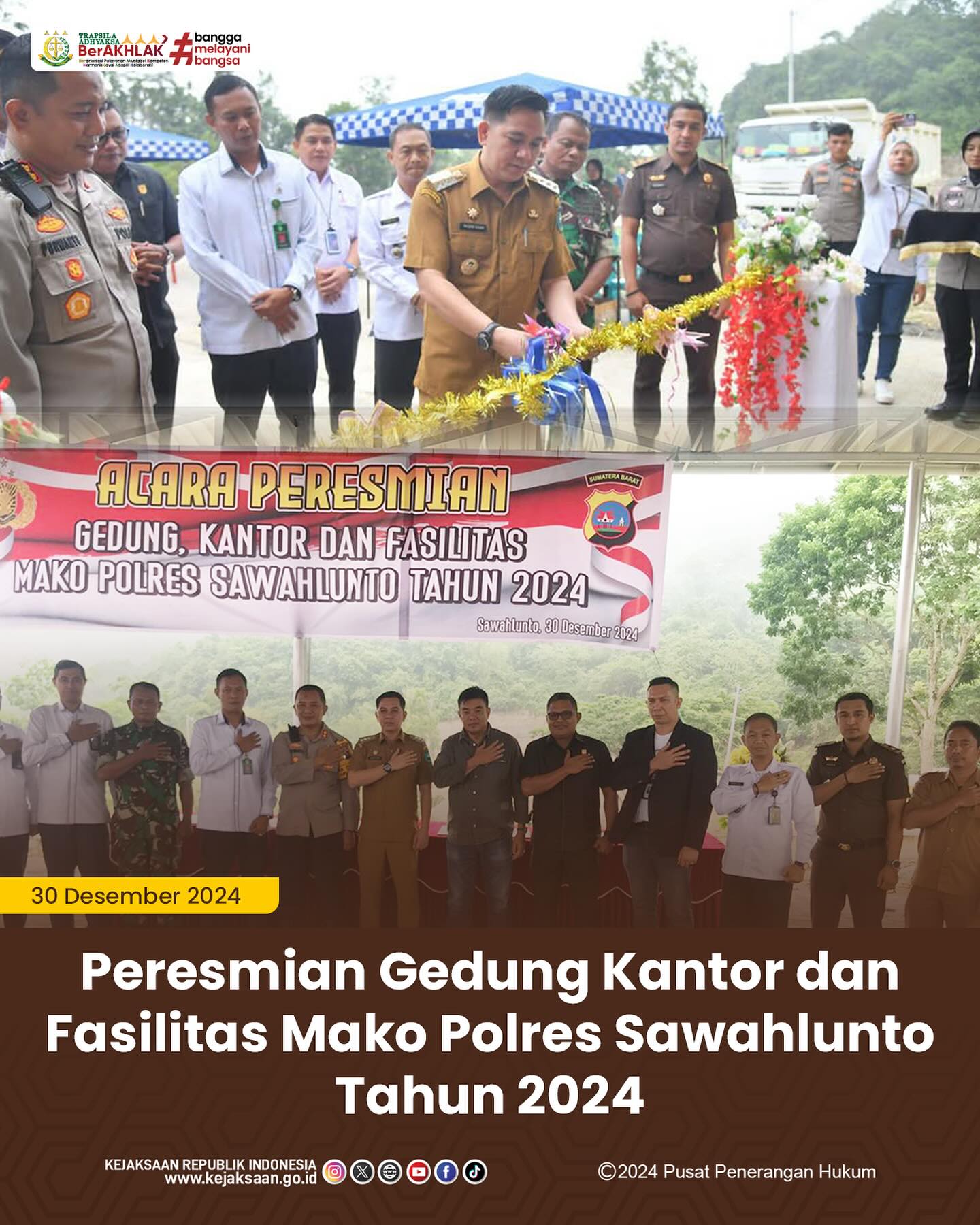 Bahwa pada hari Senin, 30 Desember 2024, bertempat di Mako Polres Sawahlunto, Kepala Seksi Intelijen Kejaksaan Negeri Sawahlunto, Rendra Taqwa Agusto,S.H., mengikuti kegiatan Peresmian Gedung Kantor dan Fasilitas Mako Polres Sawahlunto - from Instagram