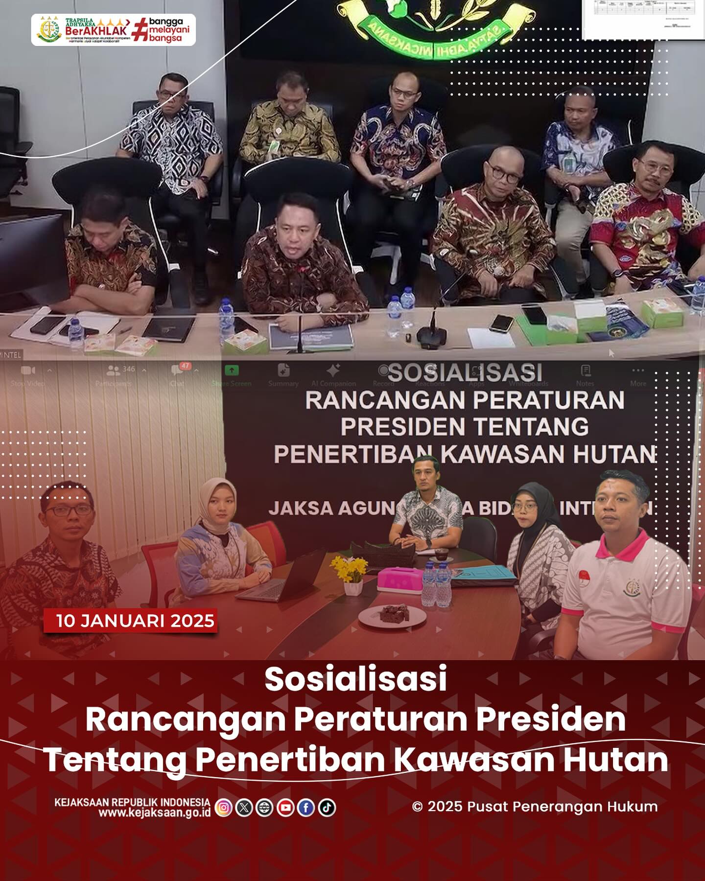 Bahwa pada hari Jumat, 10 Januari 2025, bertempat di Ruang Video Conference Kantor Kejaksaan Negeri Sawahlunto, Kepala Seksi Intelijen, Rendra Taqwa Agusto,S.H., Kasubsi II, Laras Iga Mawarni, dan Staf Intelijen Kejaksaan Negeri Sawahlunto, mengikuti Kegiatan Sosialisasi Rancangan Peraturan Presiden Tentang Penertiban Kawasan Hutan secara daring - from Instagram