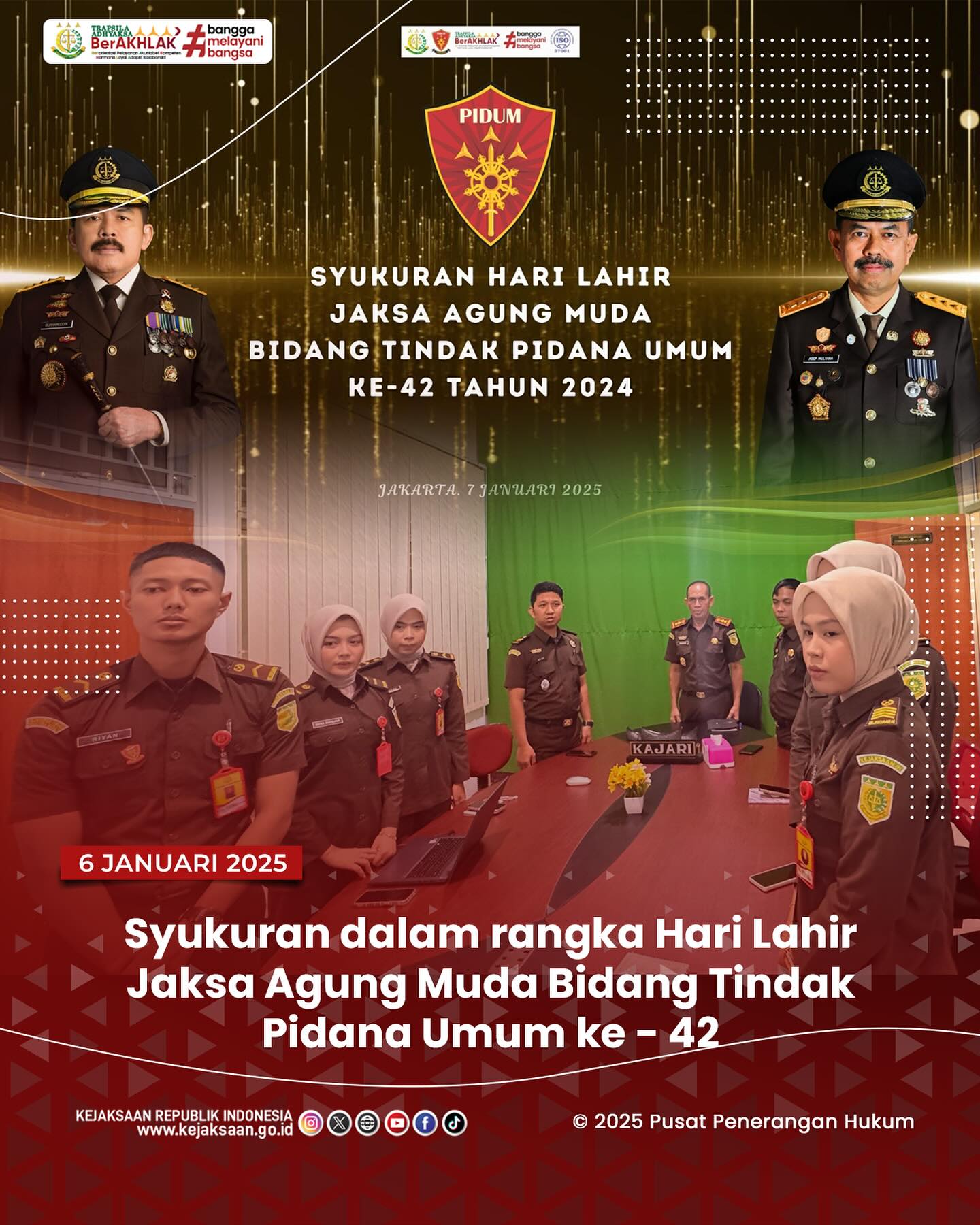 Bahwa pada hari Selasa, 07 Januari 2025, bertempat di Ruang Video Conference Kejaksaan Negeri Sawahlunto, Kepala Kejaksaan Negeri Sawahlunto, Andarias D'Orney,S.H.,M.H., Kepala Seksi Tindak Pidana Umum, Adhi Putra Graha,S.H.,Kasubsi I Bidang Intelijen Kejaksaan Negeri Sawahlunto Arief Hidayat,S.H., Jaksa Fungsional Kejaksaan Negeri Sawahlunto beserta staf Tindak Pidana Umum mengikuti kegiatan Syukuran dalam rangka Hari Lahir Jaksa Agung Muda Bidang Tindak Pidana Umum ke - 42 secara daring - from Instagram