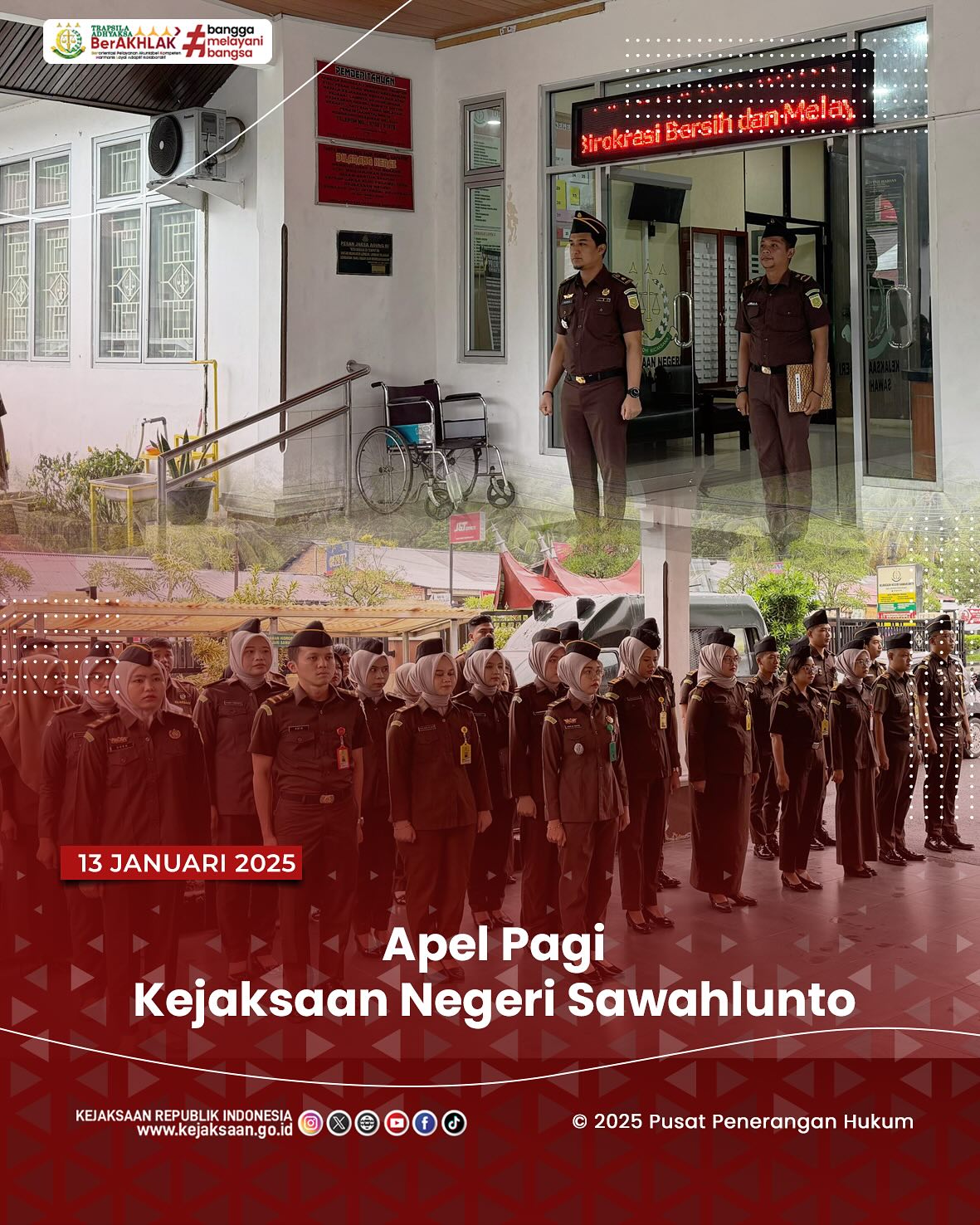 Bahwa pada hari Senin, 13 Januari 2025, bertempat di Lapangan Kantor Kejaksaan Negeri Sawahlunto, Kepala Seksi Intelijen, Rendra Taqwa Agusto,S.H., bertindak sebagai Penerima Apel Pagi Kejaksaan Negeri Sawahlunto - from Instagram
