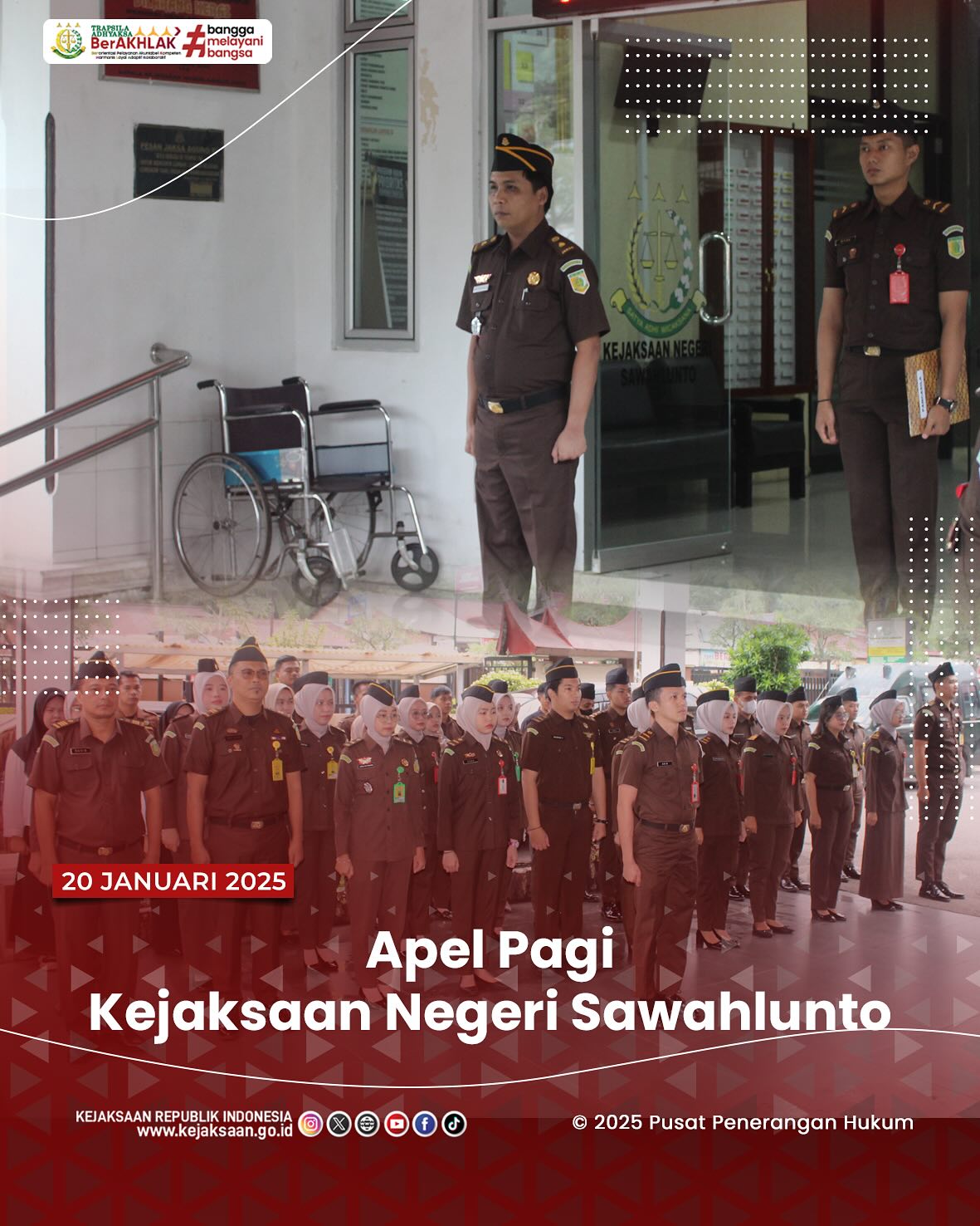 Bahwa pada hari Senin, 20 Januari 2025, bertempat di Lapangan Kantor Kejaksaan Negeri Sawahlunto, Kepala Seksi Tindak Pidana Umum, Adhi Putra Graha,S.H., Memimpin Apel Pagi Kejaksaan Negeri Sawahlunto diikuti oleh seluruh pegawai Kejaksaan Negeri Sawahlunto - from Instagram