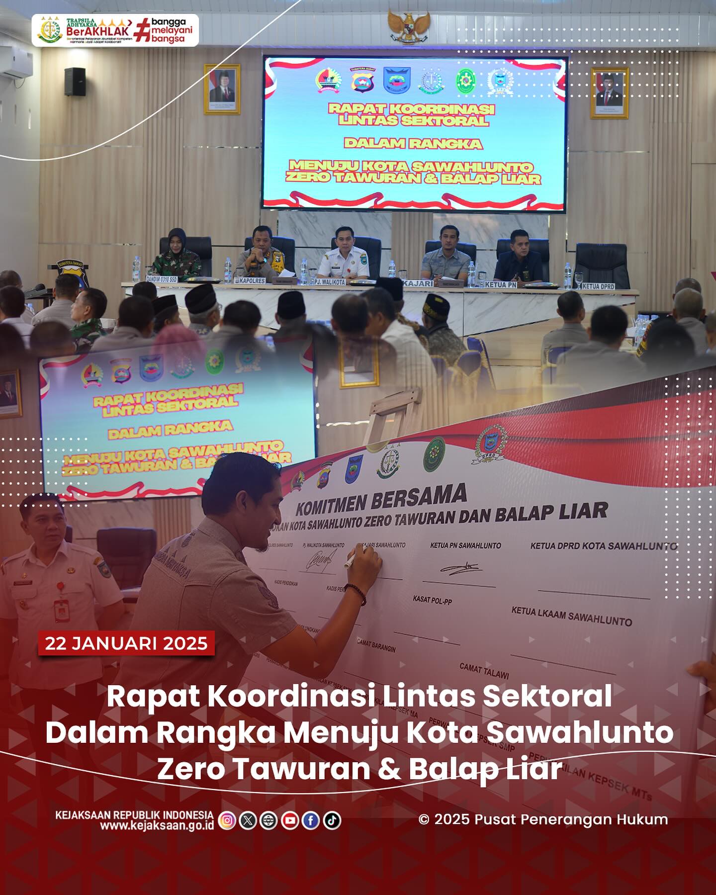 Bahwa pada hari Rabu, 22 Januari 2025, bertempat di Ruang Rapat Tatag Trawang Tungga Polres Sawahlunto, Kepala Seksi Intelijen Kejaksaan Negeri Sawahlunto, Rendra Taqwa Agusto,S.H., mengikuti kegiatan Rapat Koordinasi Lintas Sektoral Dalam Rangka Menuju Kota Sawahlunto Zero Tawuran & Balap Liar - from Instagram