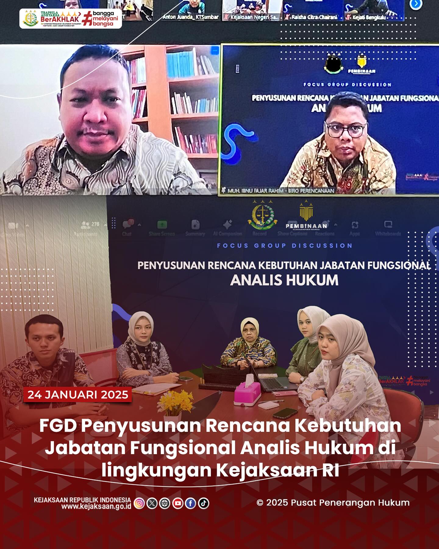 Bahwa pada hari Jumat, 24 Januari 2025, bertempat di Ruang Video Conference Kantor Kejaksaan Negeri Sawahlunto, Kepala Subbagian Pembinaan, Elnita,S.H., beserta CPNS Calon Ahli Pertama - Jaksa, mengikuti kegiatan Focus Group Discussion (FGD) Penyusunan Rencana Kebutuhan Jabatan Fungsional Analis Hukum di lingkungan Kejaksaan RI secara daring - from Instagram