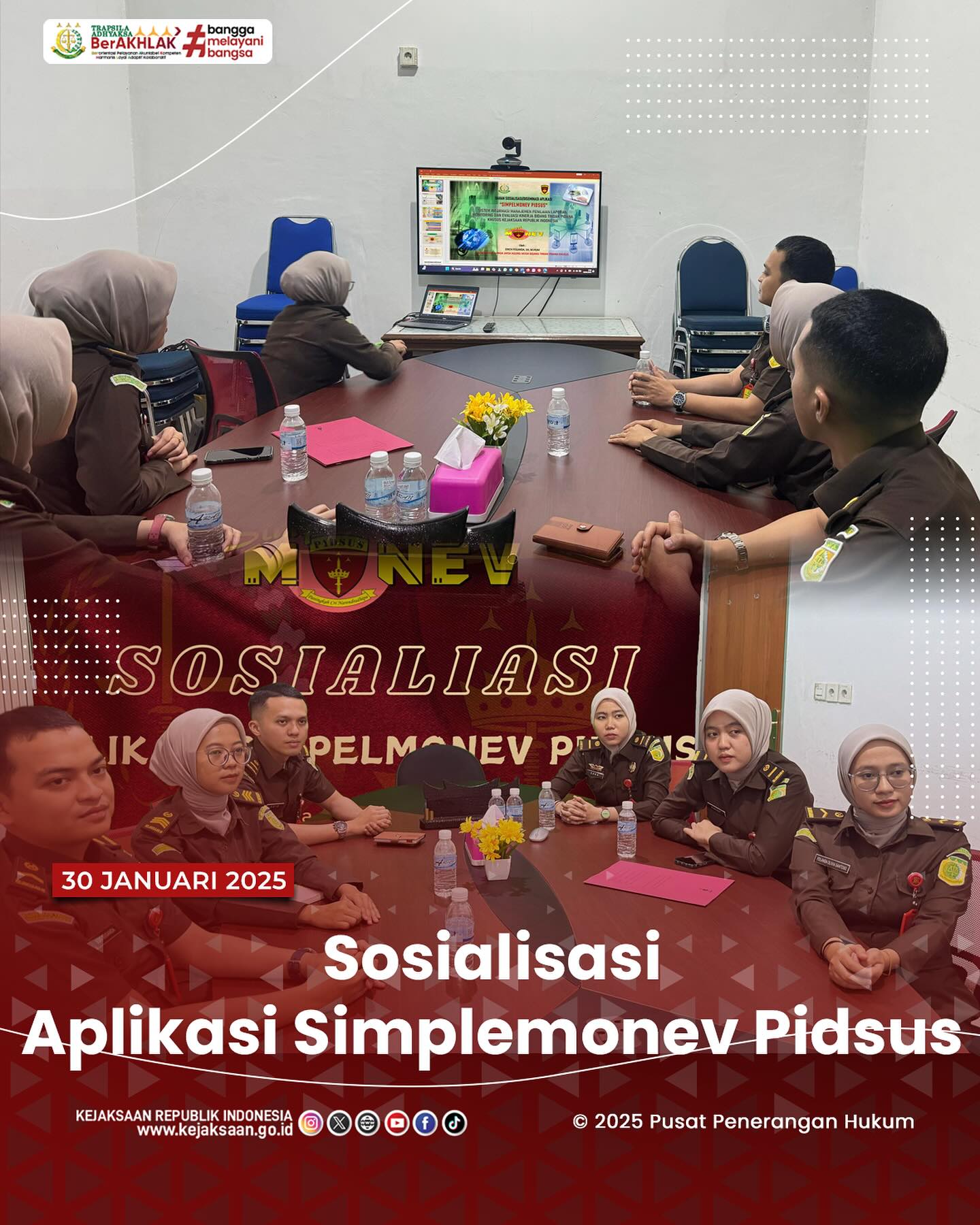 Bahwa pada hari Kamis, 30 Januari 2025, bertempat di Ruang Video Conference Kantor Kejaksaan Negeri Sawahlunto, Jaksa Fungsional beserta staf Bidang Tindak Pidana Khusus, mengikuti kegiatan Sosialisasi Aplikasi Simplemonev Pidsus secara daring - from Instagram