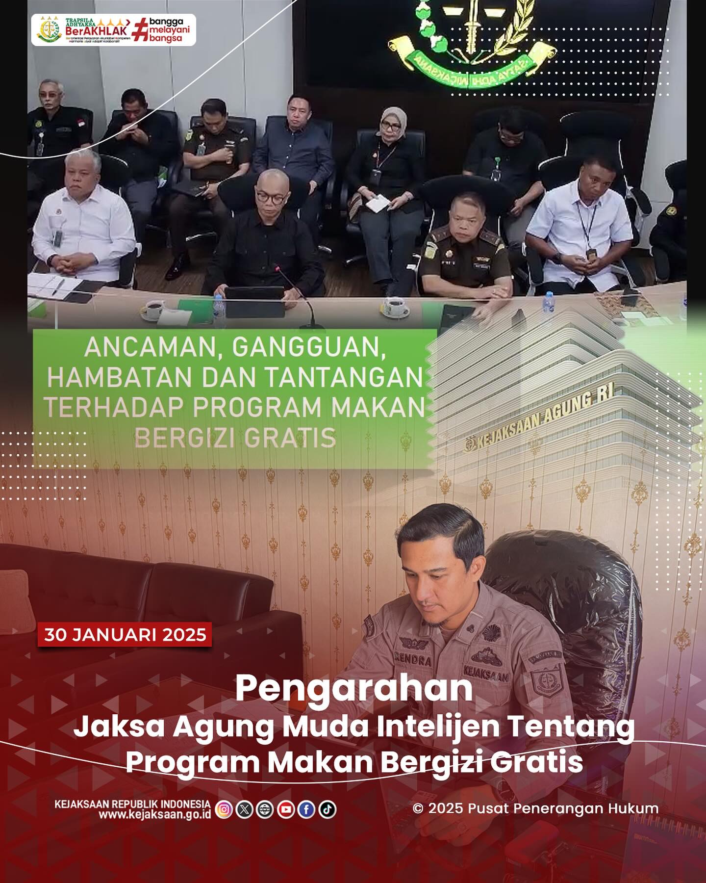 Bahwa pada hari Kamis, 30 Januari 2025, bertempat di Ruang Kepala Seksi Intelijen Kejaksaan Negeri Sawahlunto, Kepala Seksi Intelijen, Rendra Taqwa Agusto,S.H., mengikuti kegiatan Pengarahan Jaksa Agung Muda Intelijen tentang Program Makan Bergizi Gratis secara daring - from Instagram