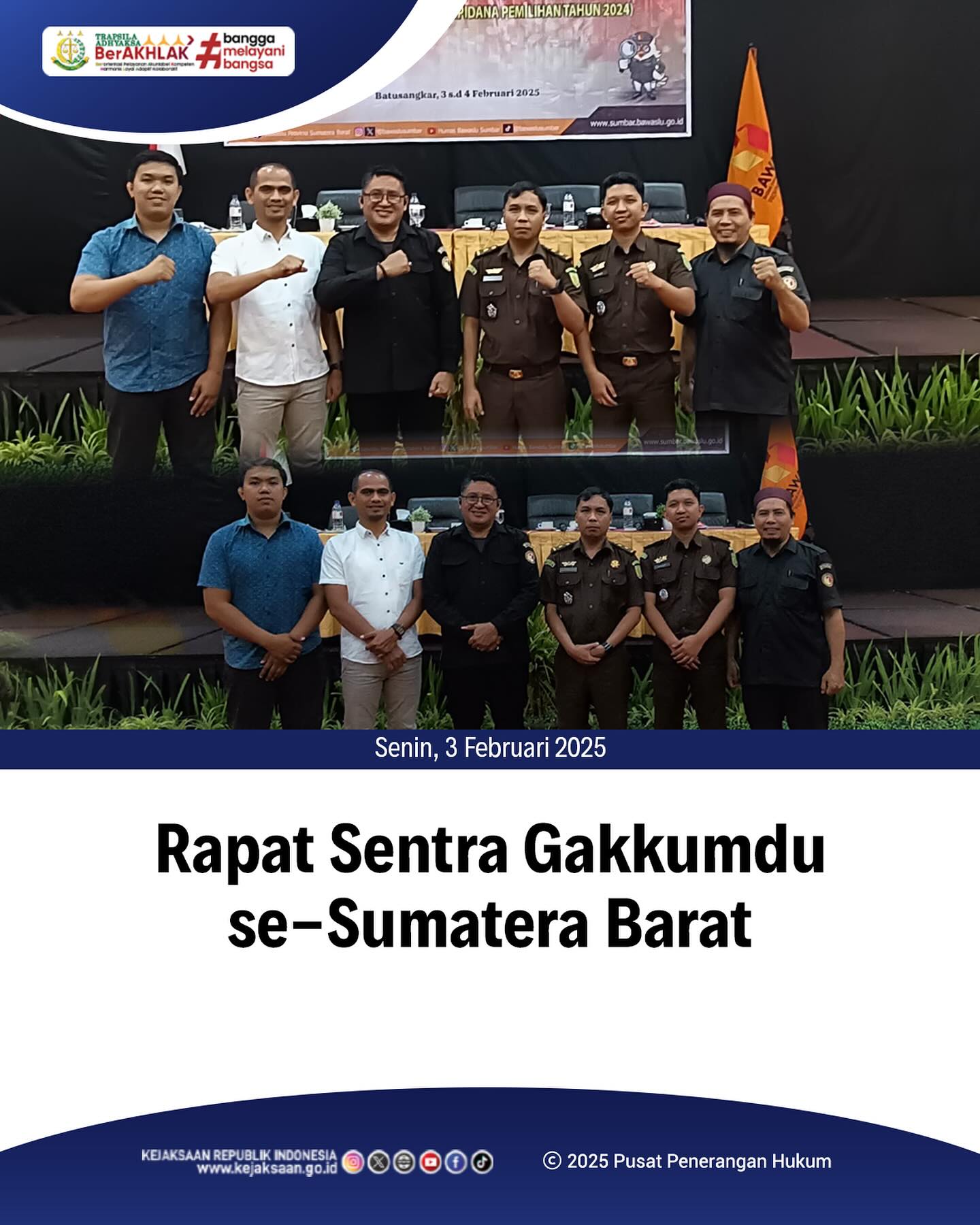 Bahwa pada hari Senin, 03 Februari 2025, bertempat di Emersia Hotel Batusangkar, Kepala Seksi Tindak Pidana Umum, Adhi Putra Graha,S.H., dan Kasubsi I Bidang Intelijen, Arief Hidayat,S.H., mengikuti Kegiatan Rapat Sentra Gakkumdu se-Sumatera Barat - from Instagram