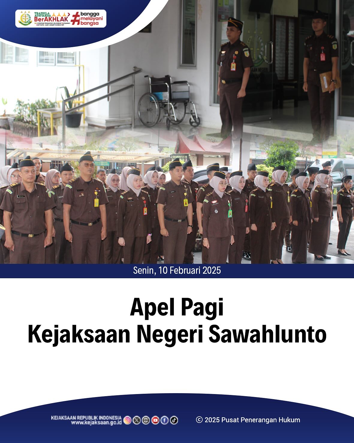 Bahwa pada hari Senin, 10 Februari 2025, bertempat di Halaman Kantor Kejaksaan Negeri Sawahlunto, telah dilaksanakan Apel Pagi yang dipimpin Oleh Kepala Seksi Tindak Pidana Umum, Adhi Putra Graha,S.H., serta diikuti oleh seluruh Pegawai dan PPNPN Kejaksaan Negeri Sawahlunto - from Instagram