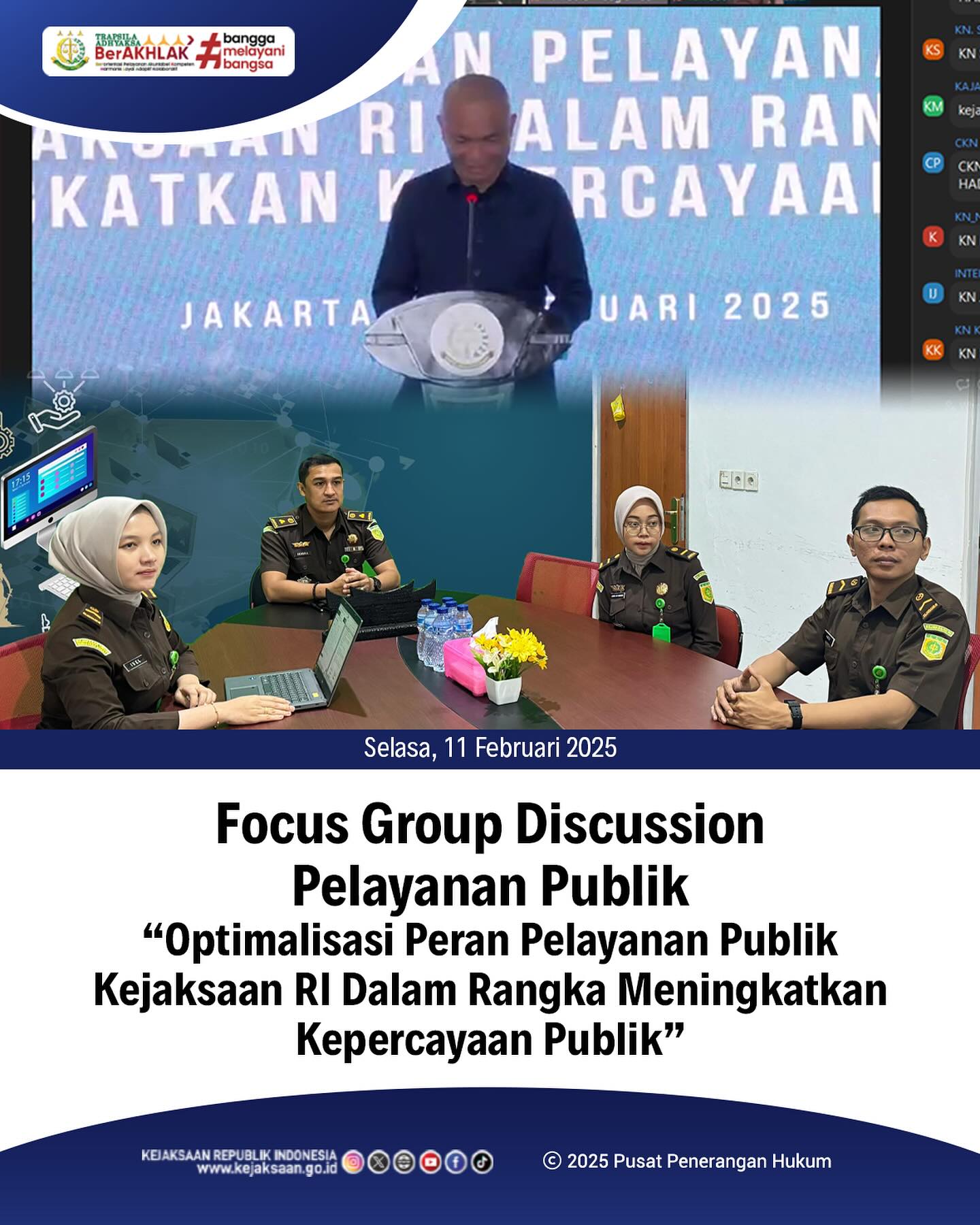 Bahwa pada hari Selasa, 11 Februari 2025, bertempat di ruang Video Conference Kantor Kejaksaan Negeri Sawahlunto, Kepala Seksi Intelijen, Rendra Taqwa Agusto,S.H., Kasubsi II Bidang Intelijen, Laras Iga Mawarni,S.H., beserta staf Bidang Intelijen Kejaksaan Negeri Sawahlunto, mengikuti Focus Group Discussion Pelayanan Publik “Optimalisasi Peran Pelayanan Publik Kejaksaan RI Dalam Rangka Meningkatkan Kepercayaan Publik” secara daring - from Instagram
