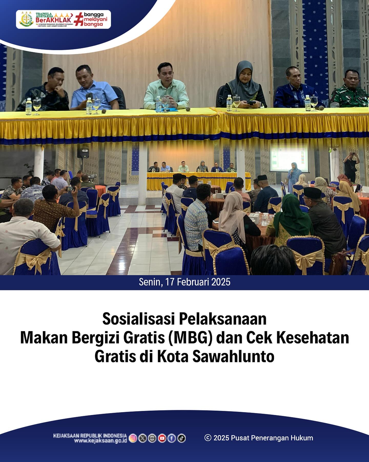 Bahwa pada hari Senin, 17 Februari 2025, bertempat di Balairong Rumah Dinas Wali Kota Sawahlunto, Kepala Kejaksaan Negeri Sawahlunto, Bapak Andarias D'Orney,S.H.,M.H., mengikuti kegiatan Focus Group Discussion(FGD) Forum Koordinasi Pimpinan Daerah (Forkopimda) Kota Sawahlunto dengan agenda Sosialisasi Pelaksanaan Makan Bergizi Gratis (MBG) dan Cek Kesehatan Gratis di Kota Sawahlunto - from Instagram