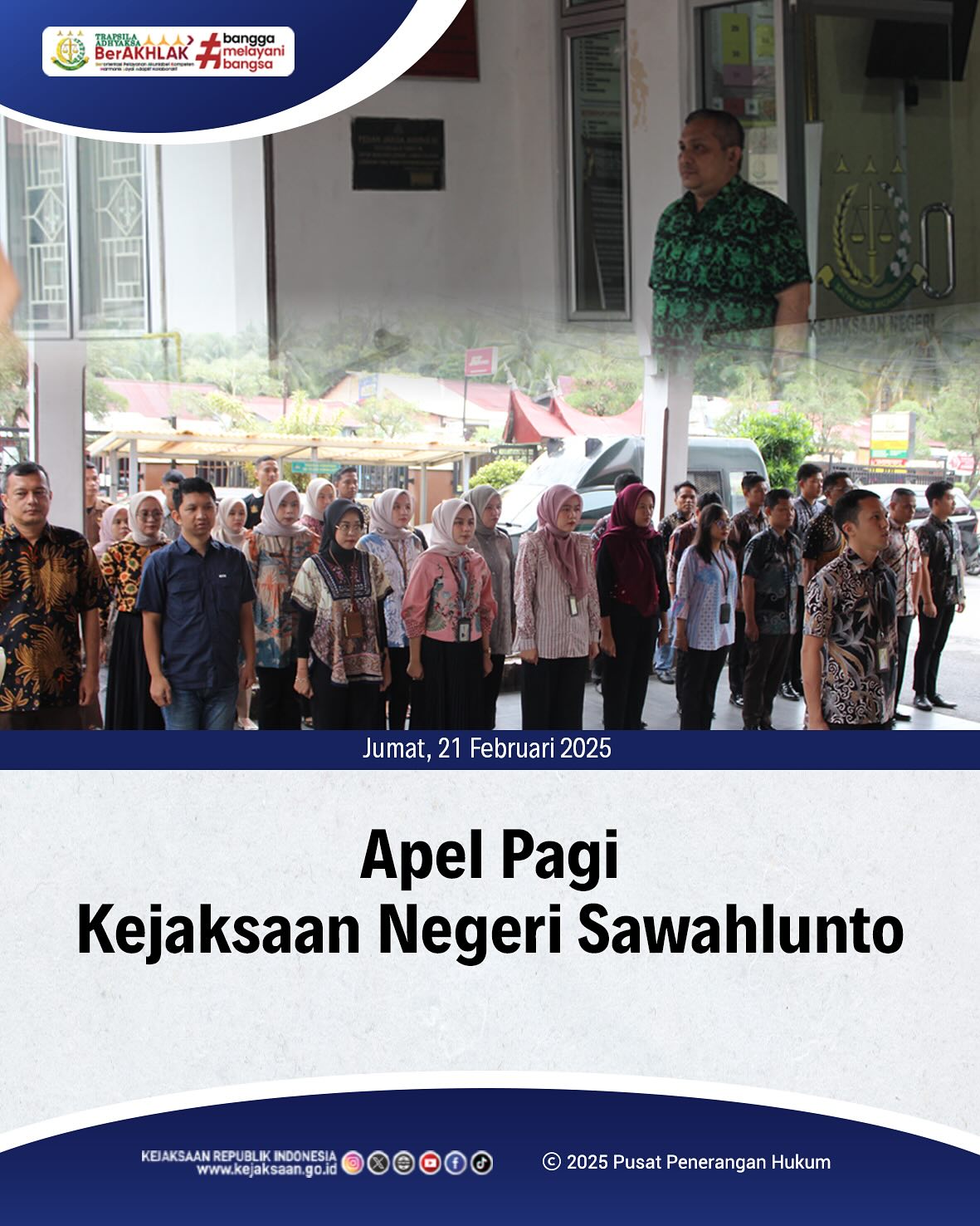 Bahwa pada hari Jumat, 21 Februari 2025, bertempat di Halaman Kantor Kejaksaan Negeri Sawahlunto, telah dilaksanakan Apel Pagi yang dipimpin Oleh Kepala Seksi Pemulihan Aset & Pengelola Barang Bukti, Jovan Kurata Waruwu,S.H.,M.H., serta diikuti oleh seluruh Pegawai dan PPNPN Kejaksaan Negeri Sawahlunto - from Instagram