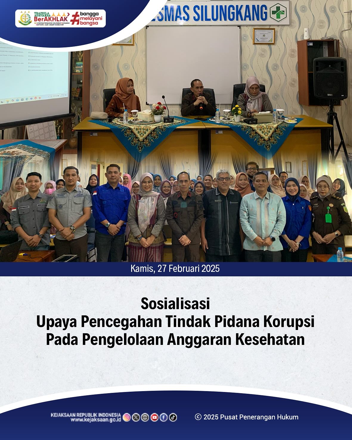 Bahwa pada hari Kamis, 27 Februari 2025, bertempat di Aula Puskesmas Silungkang, Kepala Kejaksaan Negeri Sawahlunto, Bapak Andarias D'Orney,S.H.,M.H., menghadiri kegiatan Sosialisasi Upaya Pencegahan Tindak Pidana Korupsi Pada Pengelolaan Anggaran Kesehatan - from Instagram