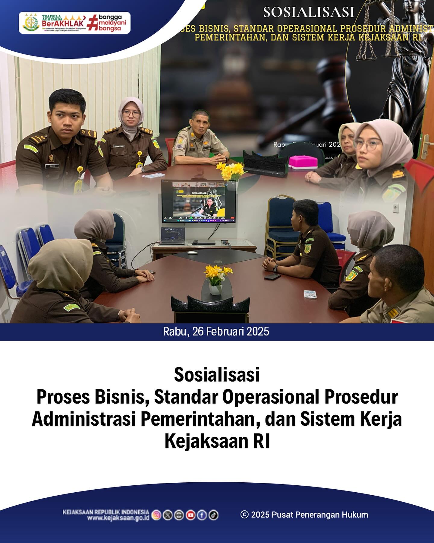 Bahwa pada hari Rabu, 26 Februari 2025, bertempat di ruang Video Conference Kantor Kejaksaan Negeri Sawahlunto, Kepala Subbagian Pembinaan, Ibu Elnita,S.H., beserta staf Bidang Pembinaan mengikuti kegiatan Sosialisasi Proses Bisnis, Standar Operasional Prosedur Administrasi Pemerintahan, dan Sistem Kerja Kejaksaan RI - from Instagram