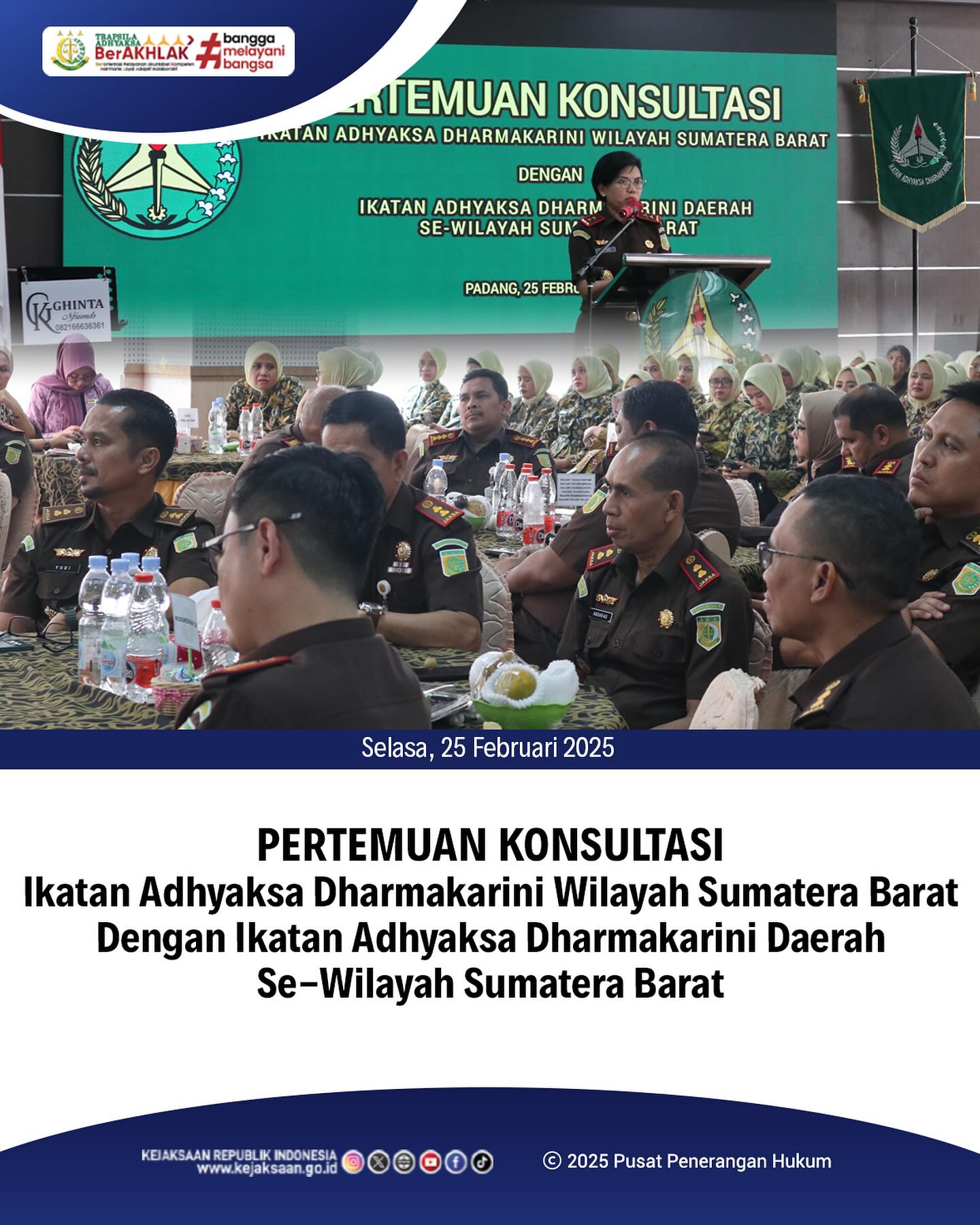 Bahwa pada hari Selasa, 25 Februari 2025, bertempat di Kantor Kejaksaan Tinggi Sumatera Barat, Kepala Kejaksaan Negeri Sawahlunto, Bapak Andarias D'Orney,S.H.,M.H., mengikuti kegiatan Pertemuan Konsultasi Ikatan Adhyaksa Dharmakarini Wilayah Sumatera Barat dengan Ikatan Adhyaksa Dharmakarini Daerah Se-Wilayah Sumatera Barat - from Instagram