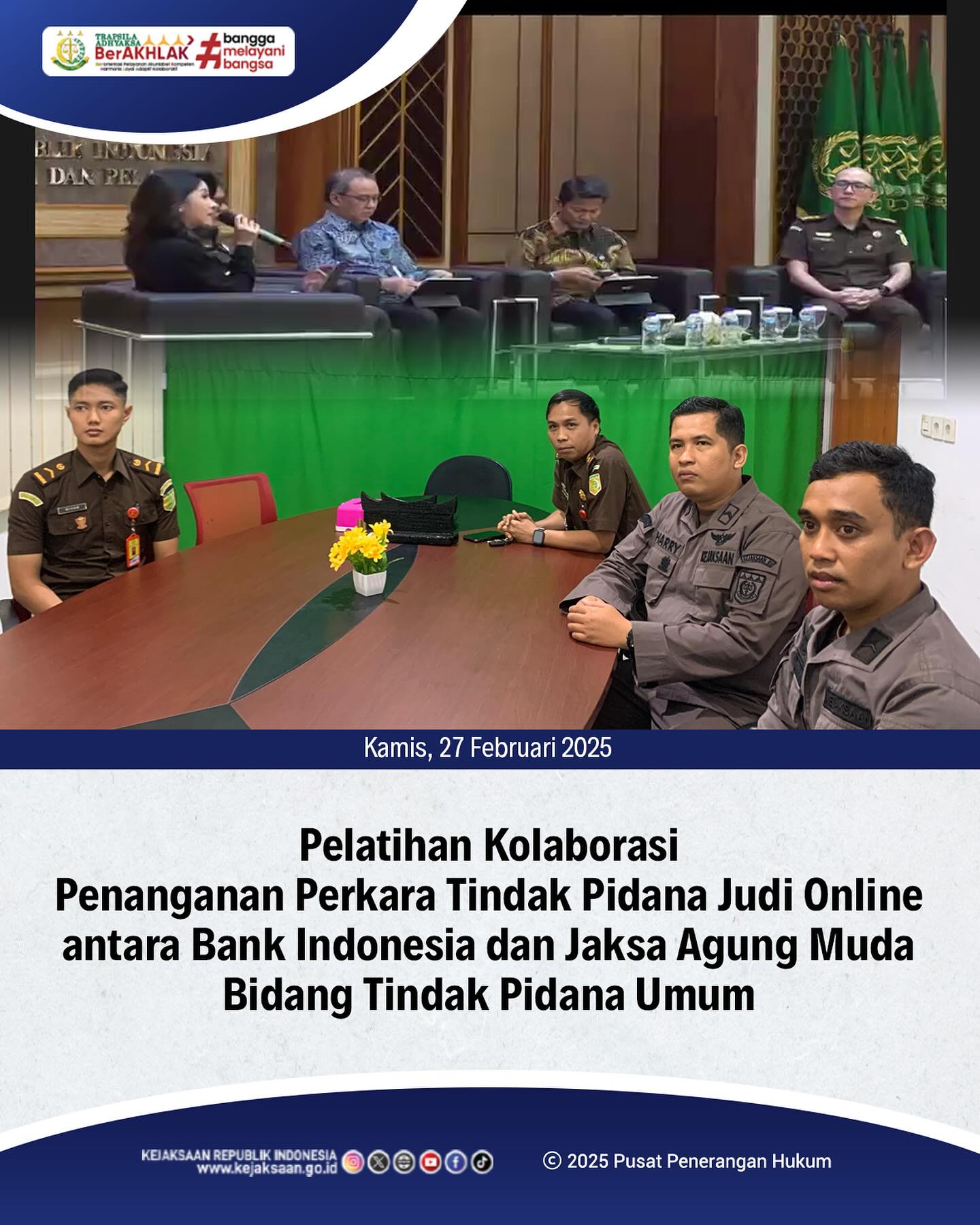 Bahwa pada hari Kamis, 27 Februari 2025, bertempat di ruang Video Conference Kantor Kejaksaan Negeri Sawahlunto, Kepala Seksi Tindak Pidana Umum, Bapak Adhi Putra Graha,S.H.,M.H., beserta staf bidang Tindak Pidana Umum, mengikuti kegiatan Pelatihan Pelatihan Kaborasi Penanganan Perkara Tindak Pidana Judi Online antara Bank Indonesia dan Jaksa Agung Muda Bidang Tindak Pidana Umum secara daring - from Instagram