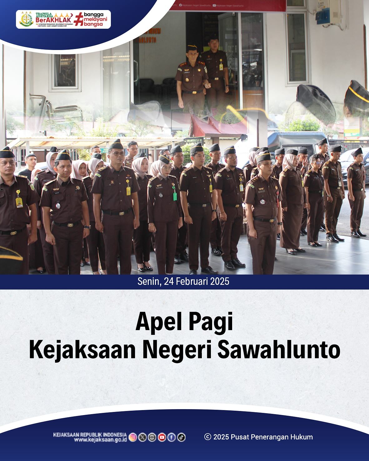 Bahwa pada hari Senin, 24 Februari 2025, bertempat di Halaman Kantor Kejaksaan Negeri Sawahlunto, telah dilaksanakan Apel Pagi yang dipimpin Oleh Kepala Kejaksaan Negeri Sawahlunto, Andarias D'Orney,S.H.,M.H., serta diikuti oleh seluruh Pegawai dan PPNPN Kejaksaan Negeri Sawahlunto yang di lanjutkan dengan penandatanganan Komitmen Bersama Menuju Wilayah Bebas Korupsi (WBK)dan Wilayah Birokrasi Bebas Melayani (WBBM) Tahun 2025 - from Instagram