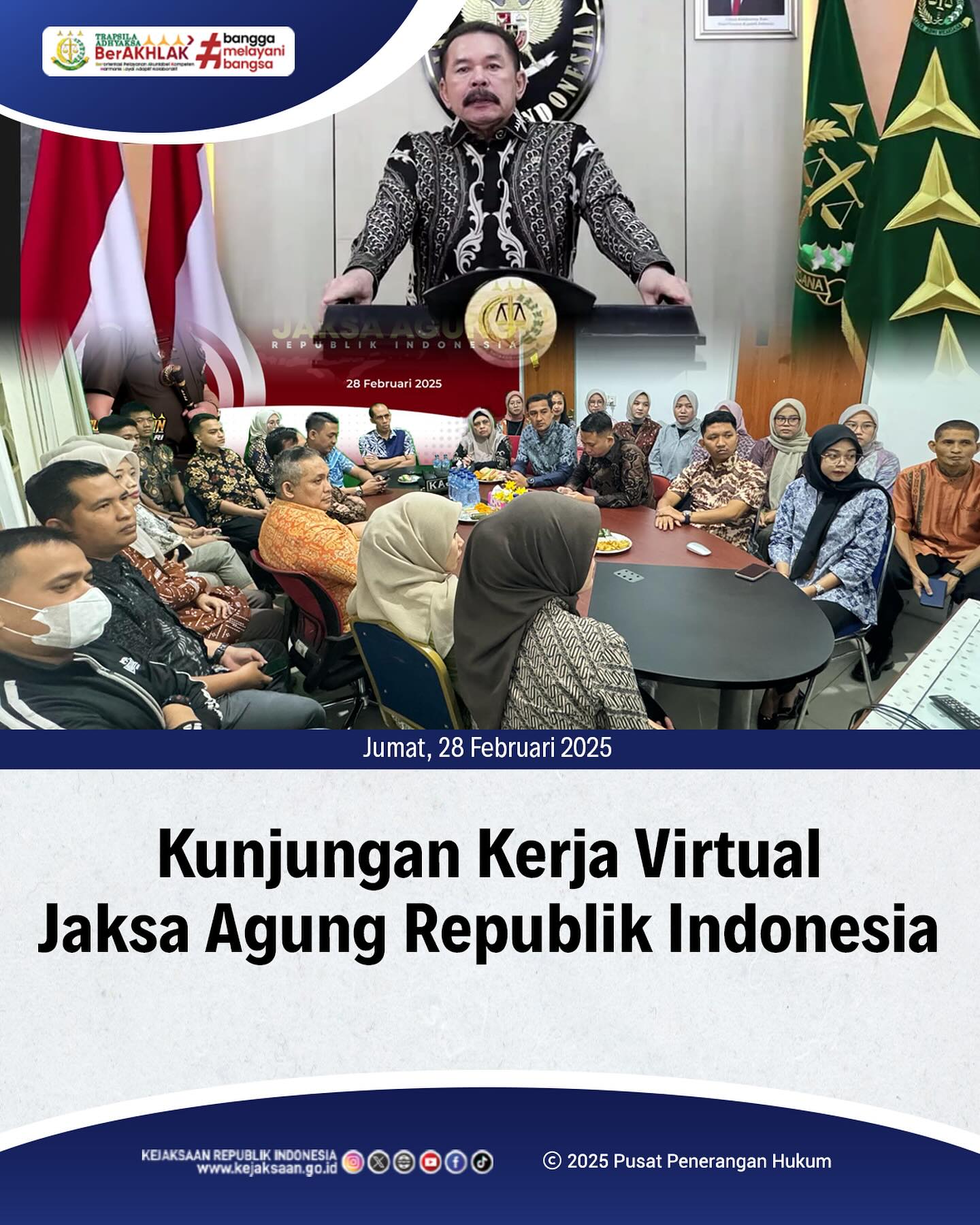 Bahwa pada hari Jumat,28 Februari 2025, bertempat di Ruang Video Conference Kantor Kejaksaan Negeri Sawahlunto, Kepala Kejaksaan Negeri Sawahlunto, Bapak Andarias D'Orney,S.H.,M.H., beserta seluruh Pegawai Kejaksaan Negeri Sawahlunto mengikuti kegiatan Kunjungan Kerja Virtual Jaksa Agung Republik Indonesia - from Instagram