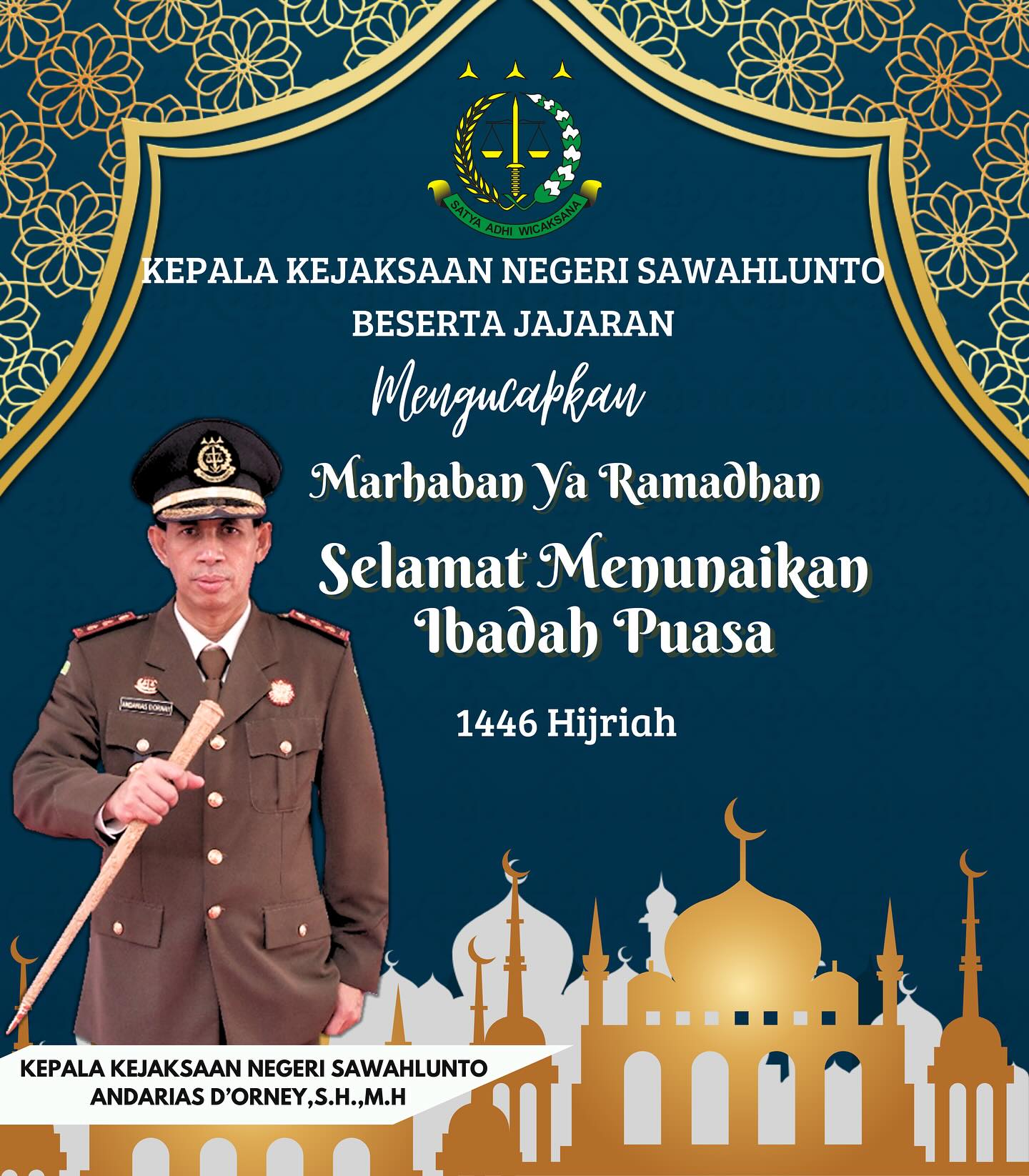 Kepala Kejaksaan Negeri Sawahlunto Andarias D'Orney,S.H.,M.H., beserta jajaran mengucapkan Marhaban Ya Ramadhan, selamat menunaikan ibadah puasa Ramadhan 1446 Hijriah,Jadikan bulan suci Ramadhan sebagai upaya peningkatan kapasitas diri mencapai derajat taqwa - from Instagram