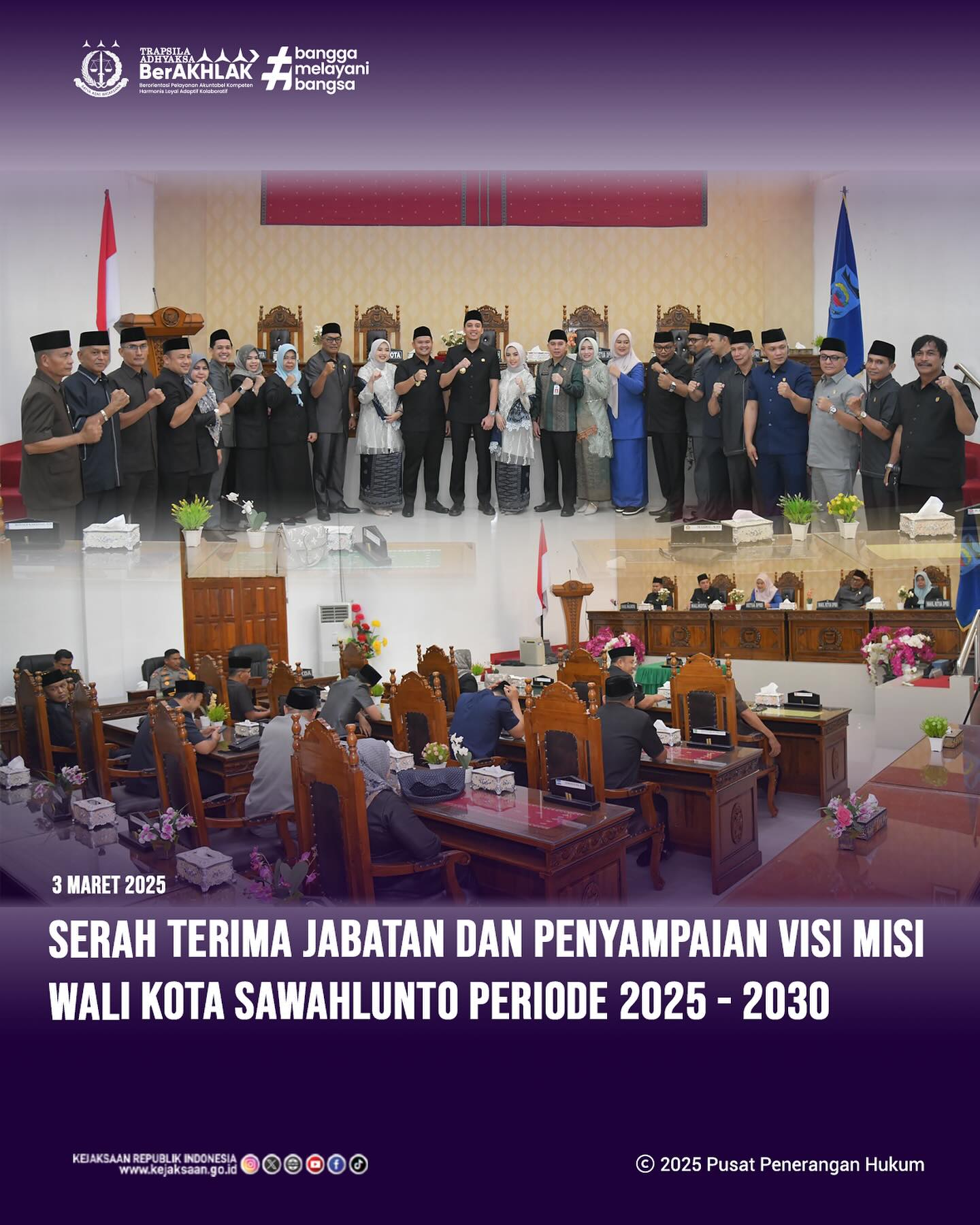 Bahwa pada hari Senin, 03 Maret 2025, bertempat di Ruang Rapat DPRD Kota Sawahlunto, Kepala Seksi Intelijen Kejaksaan Negeri Sawahlunto, Bapak Rendra Taqwa Agusto,S.H., mengikuti Kegiatan Serah Terima Jabatan dan Penyampaian Visi Misi Wali Kota Sawahlunto Periode 2025 - 2030 - from Instagram