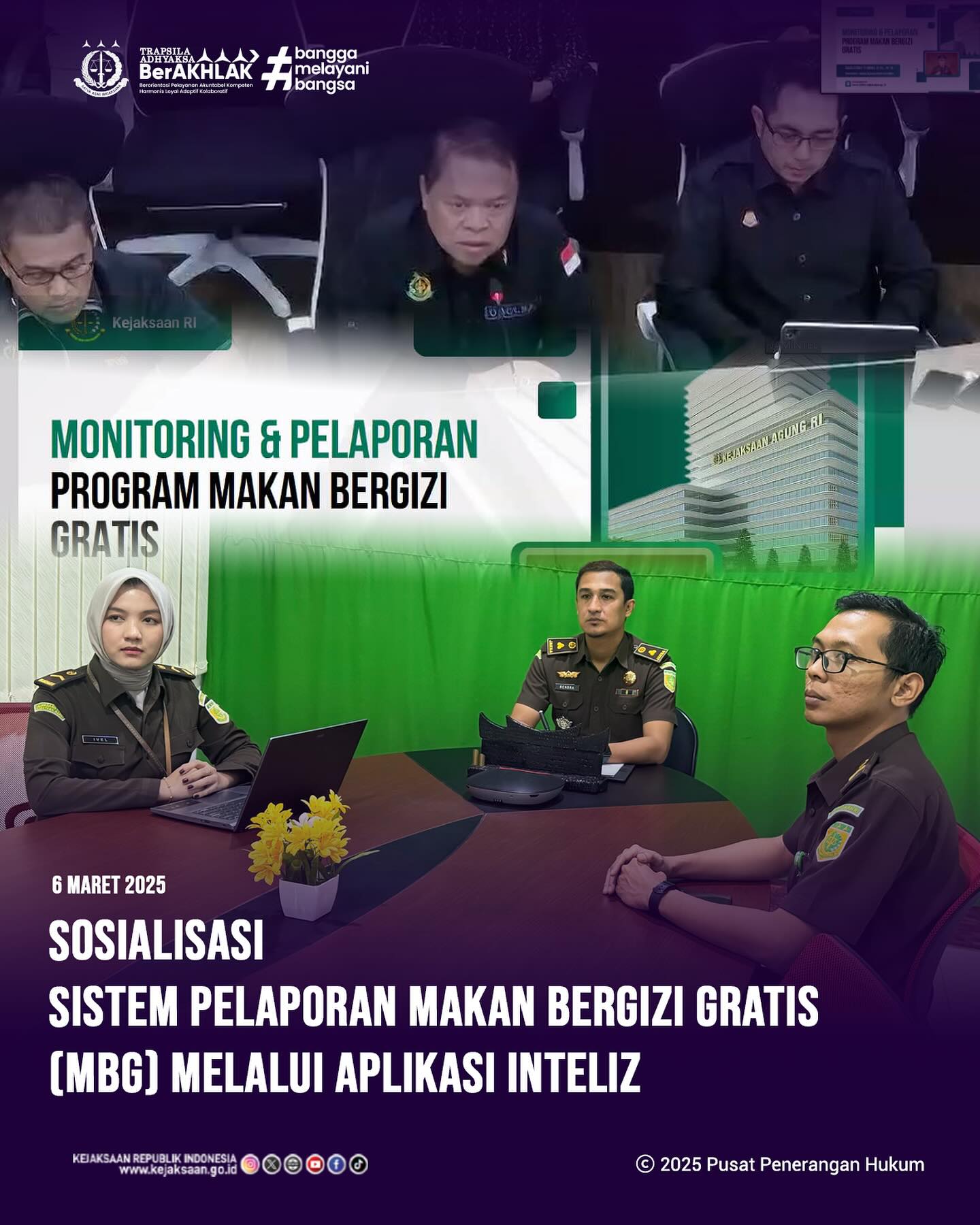 Bahwa pada hari Kamis, 06 Maret 2025, bertempat di Ruang Video Conference Kantor Kejaksaan Negeri Sawahlunto, Kepala Seksi Intelijen Kejaksaan Negeri Sawahlunto, Bapak Rendra Taqwa Agusto,S.H., beserta staf Bidang Intelijen Kejaksaan Negeri Sawahlunto, mengikuti kegiatan Sosialisasi Sistem Pelaporan Makan Bergizi Gratis (MBG) Melalui Aplikasi Inteliz secara daring - from Instagram