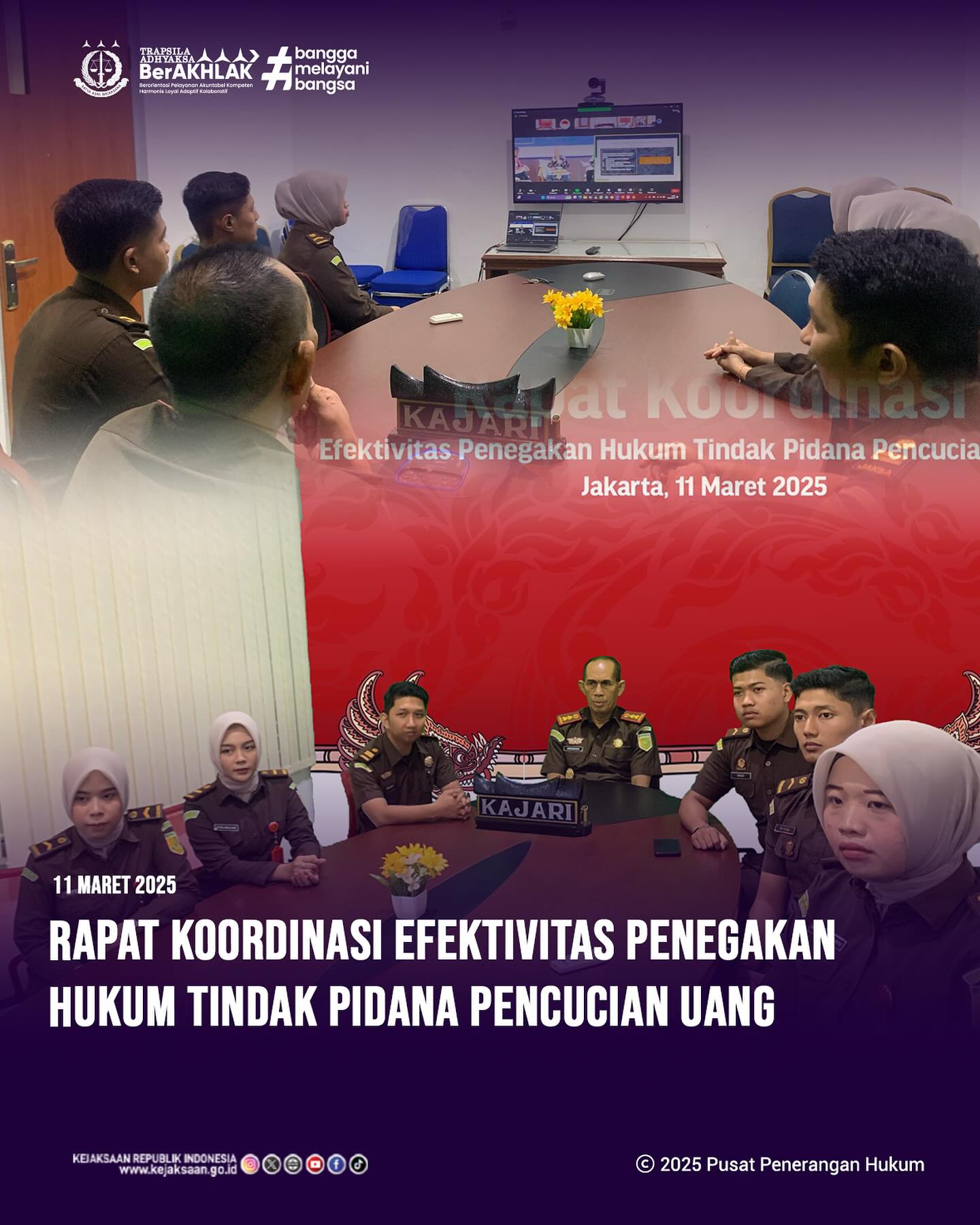 Bahwa pada hari Selasa, 11 Maret 2025, bertempat di Ruang Video Conference Kantor Kejaksaan Negeri Sawahlunto, Kepala Kejaksaan Negeri Sawahlunto, Bapak Andarias D'Orney,S.H.,M.H., Kasubsi I Bidang Intelijen, Bapak Arief Hidayat,S.H., beserta staf Bidang Tindak Pidana Umum, mengikuti kegiatan Rapat Koordinasi Efektivitas Penegakan Hukum Tindak Pidana Pencucian Uang Dengan Memperhatikan Penilaian Resiko (Risk Based Approach) secara daring - from Instagram
