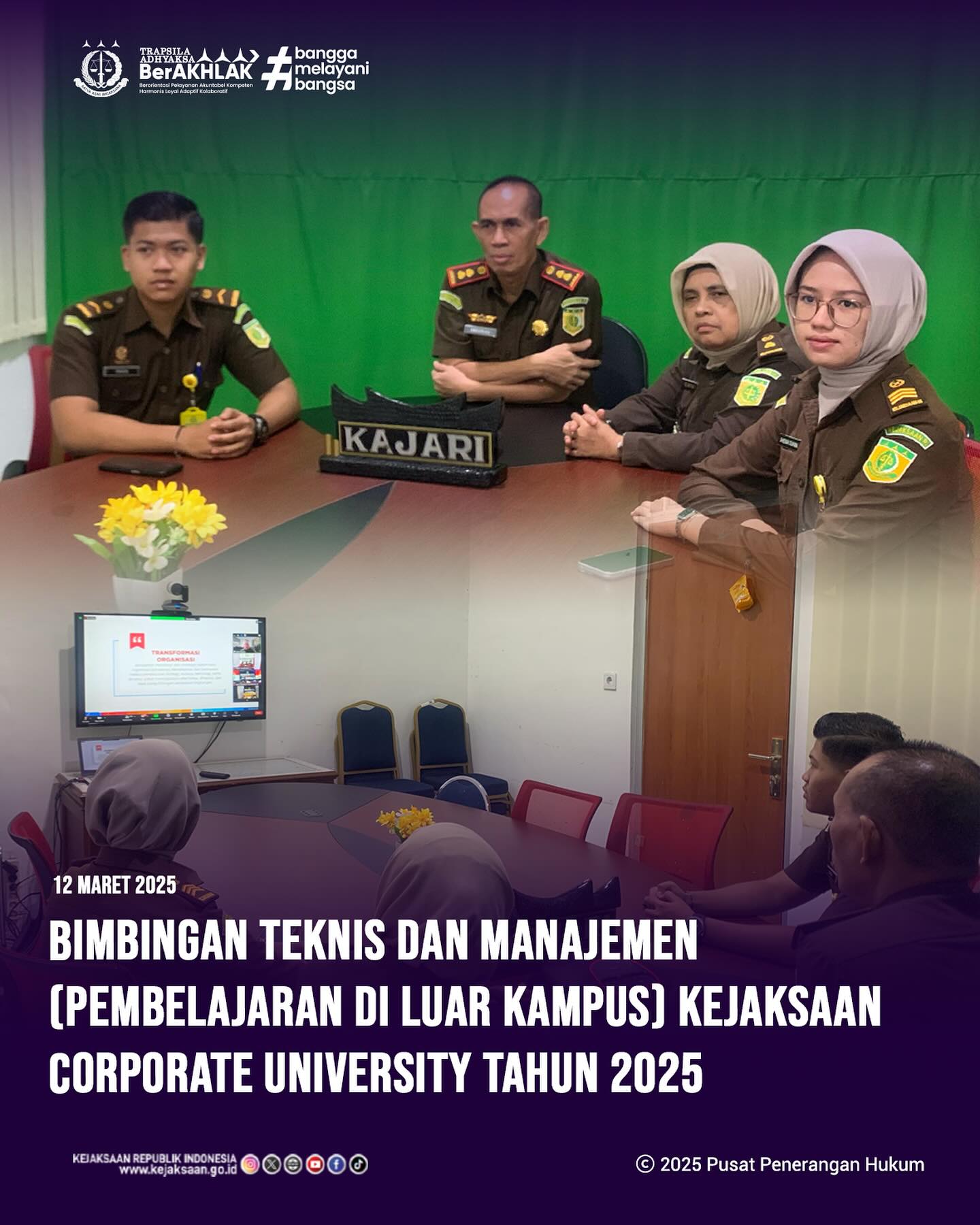 Bahwa pada hari Rabu, 12 Maret 2025, bertempat di Ruang Video Conference Kantor Kejaksaan Negeri Sawahlunto, Kepala Kejaksaan Negeri Sawahlunto, Bapak Andarias D'Orney,S.H.,M.H., Kepala Subbagian Pembinaan, Ibu Elnita,S.H., beserta Staf Bidang Pembinaan, mengikuti kegiatan Bimbingan Teknis dan Manajemen (Pembelajaran di Luar Kampus) Kejaksaan Corporate University Tahun 2025 dengan tema " Menumbuhkan Kapasitas Kepemimpinan Tranformasi dan Mengakselerasi Kinerja Tinggi Kejaksaan Berkelanjutan Menuju Indonesia Emas 2045 " secara daring - from Instagram